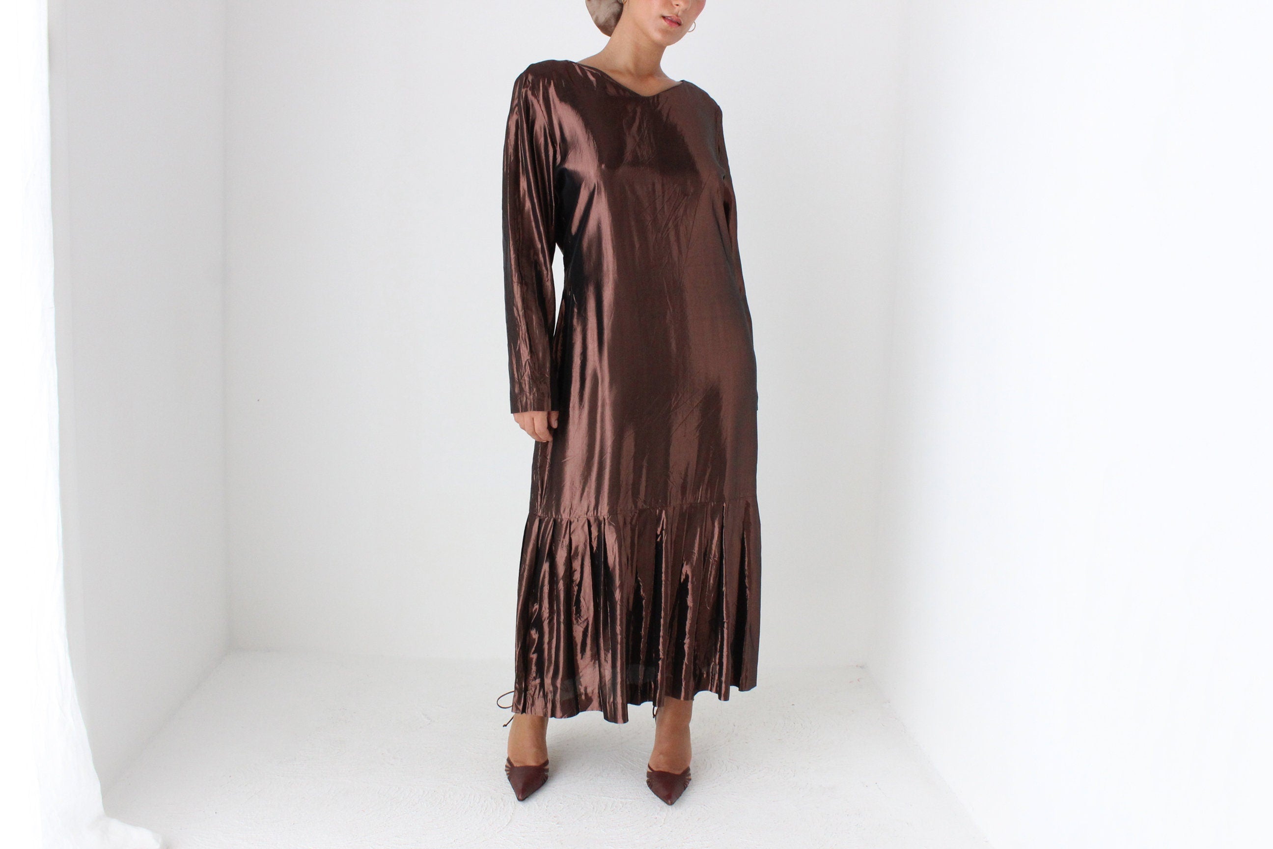 80s Bronze Lamé Metallic Drop Waist Party Dress