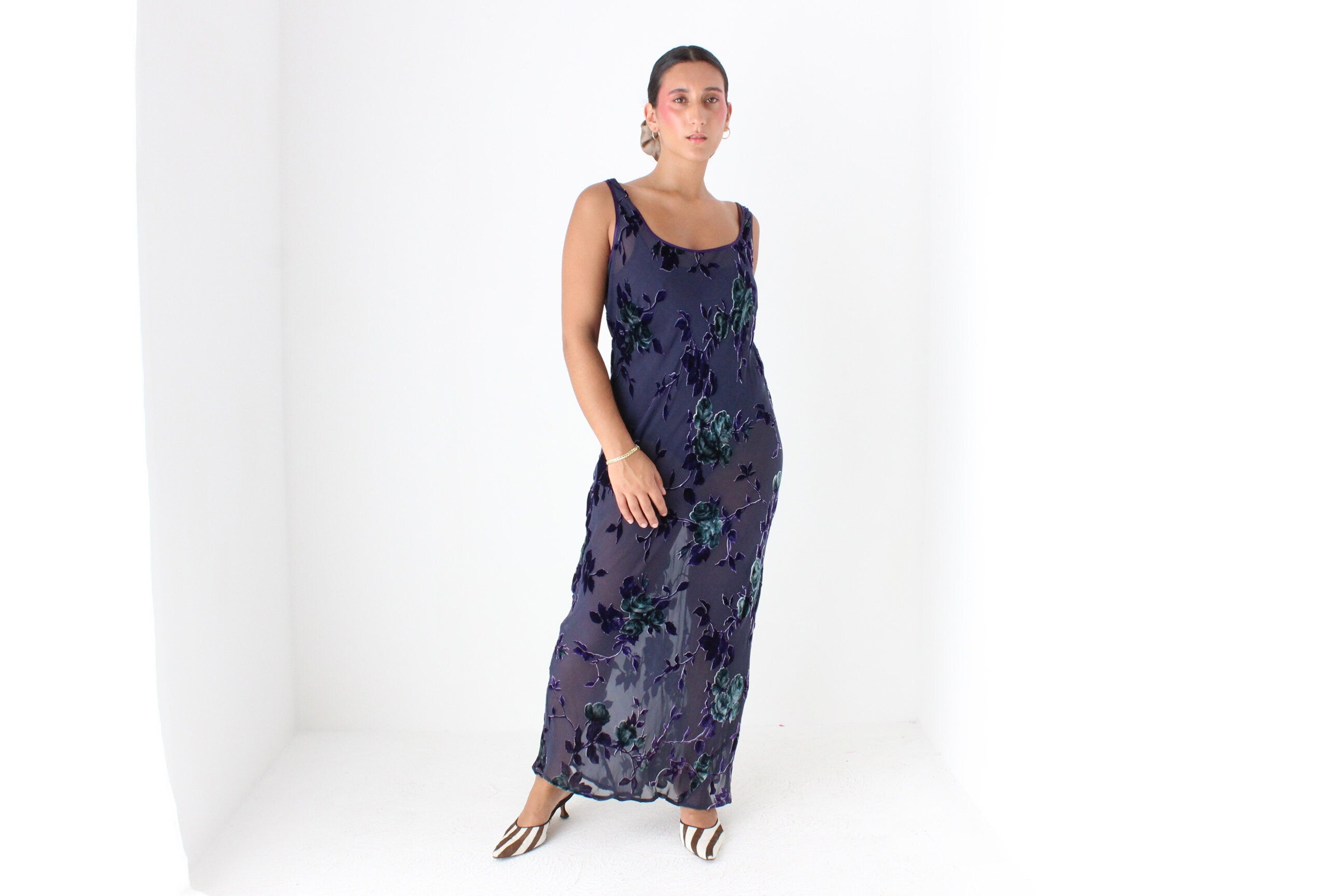 90s PURE SILK VELVET Floral Burnout Bias Cut Scoop Neck Party Gown