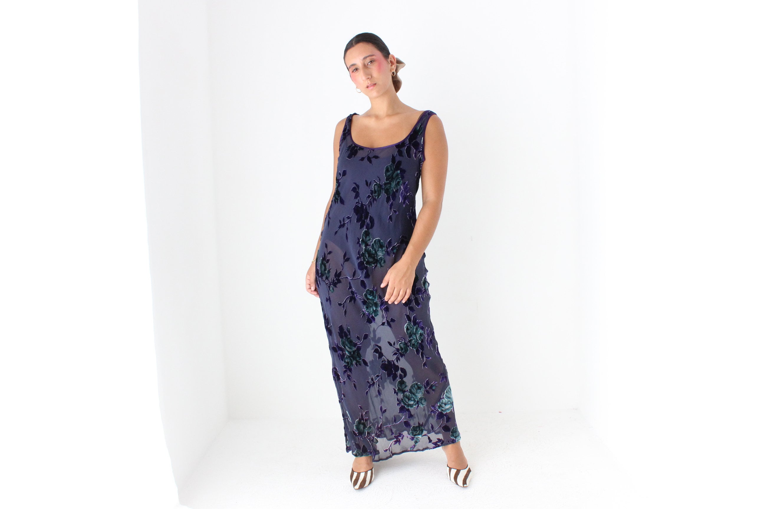 90s PURE SILK VELVET Floral Burnout Bias Cut Scoop Neck Party Gown