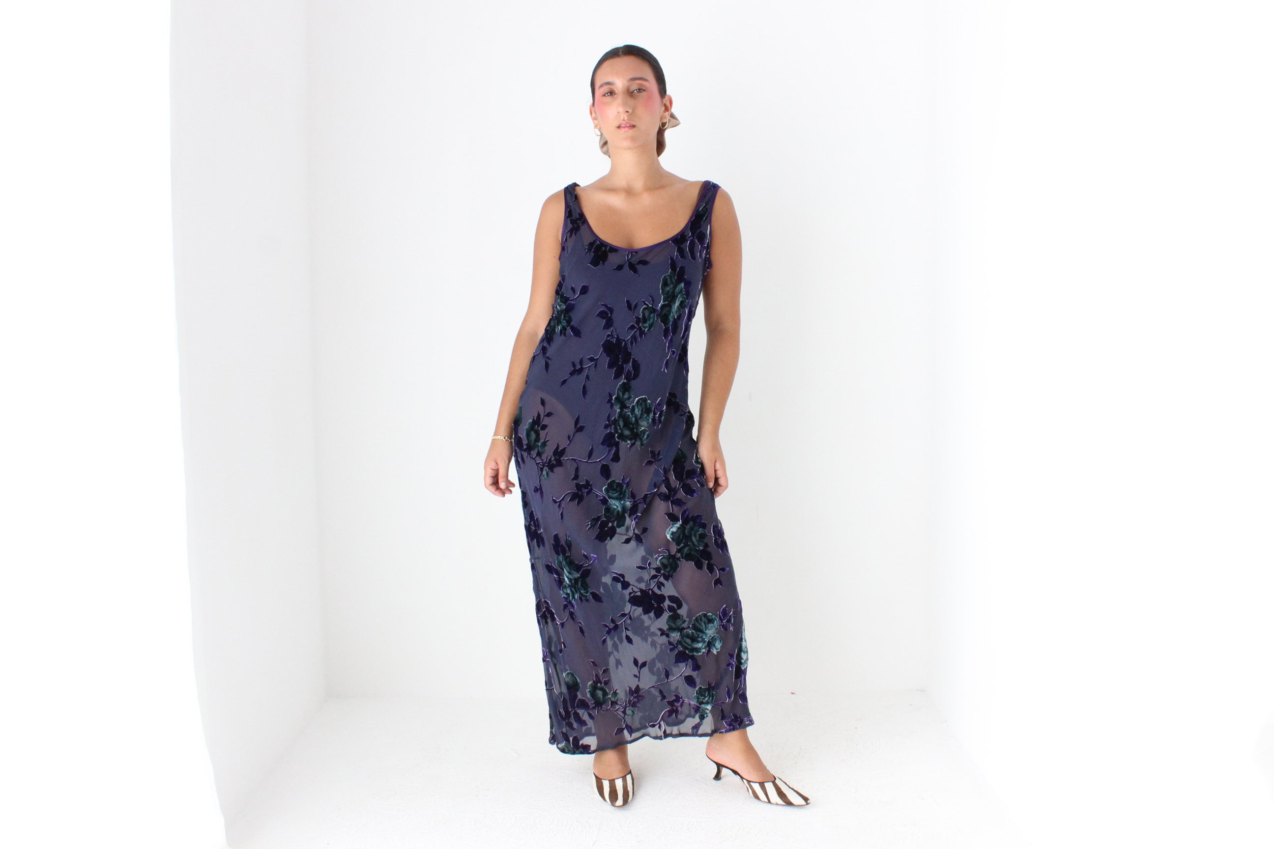 90s PURE SILK VELVET Floral Burnout Bias Cut Scoop Neck Party Gown