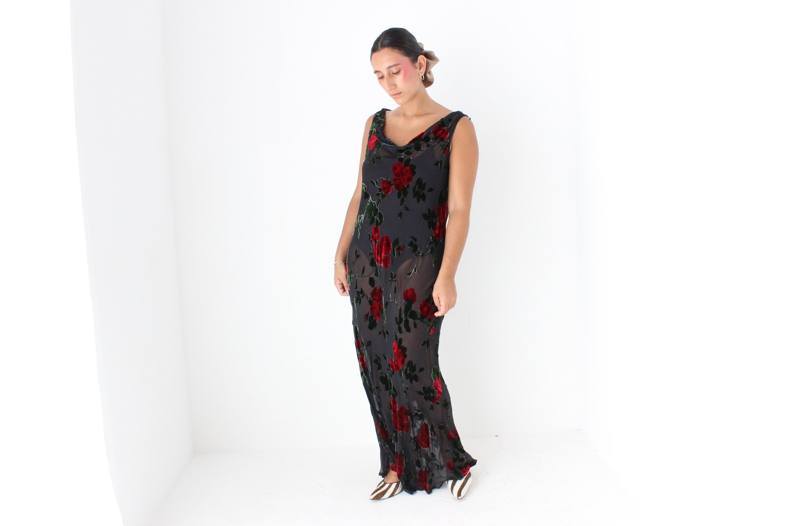 90s Romantic Red Rose Silk Velvet Burnout Gown