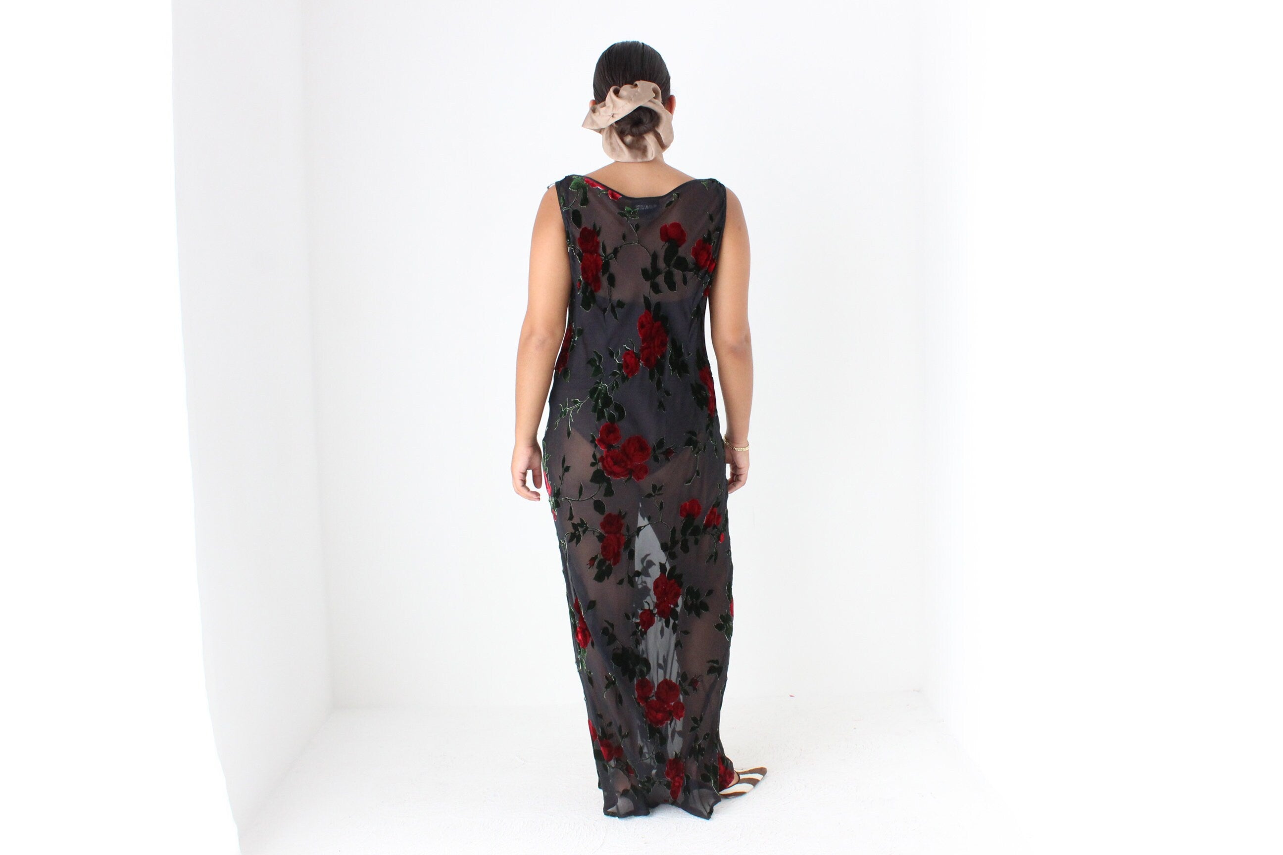 90s Romantic Red Rose Silk Velvet Burnout Gown