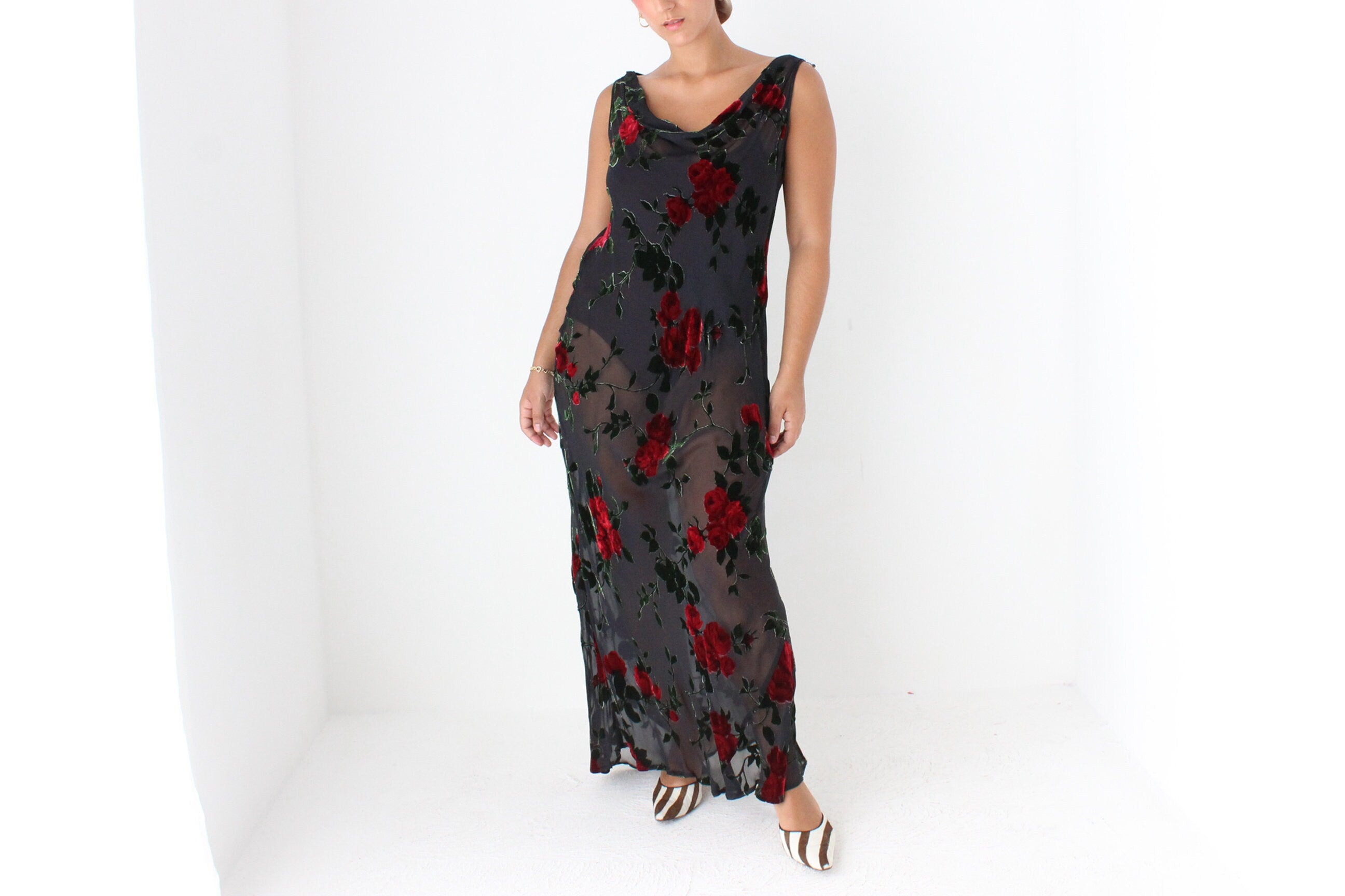 90s Romantic Red Rose Silk Velvet Burnout Gown