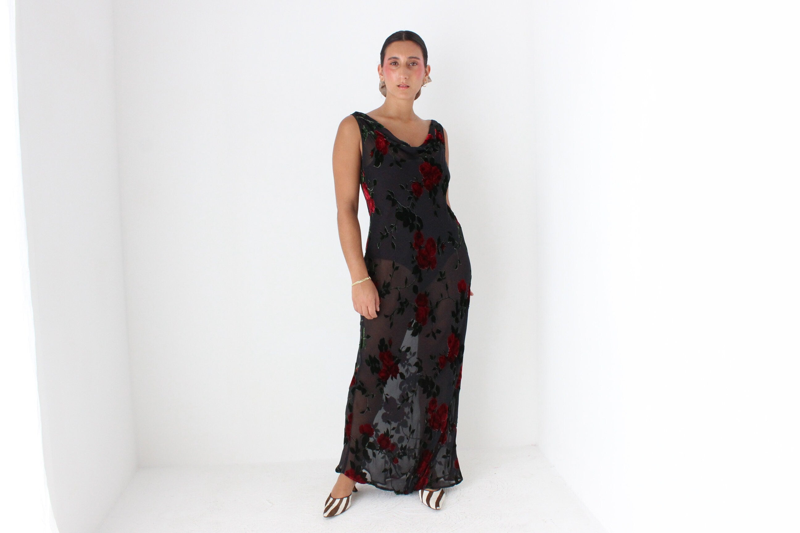 90s Romantic Red Rose Silk Velvet Burnout Gown