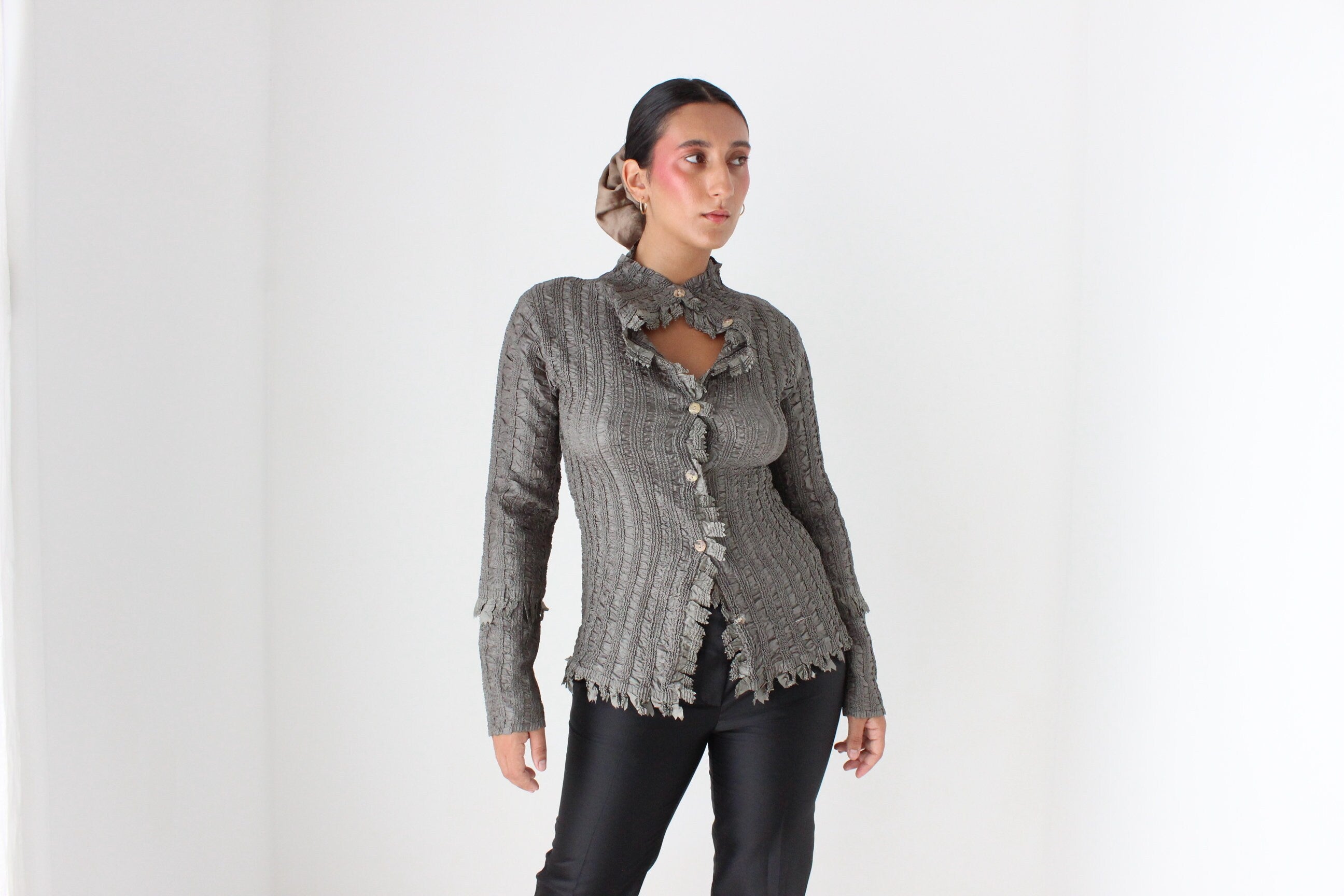 Y2K High Fashion Issey Style Stretch Fitted Popcorn Shirt