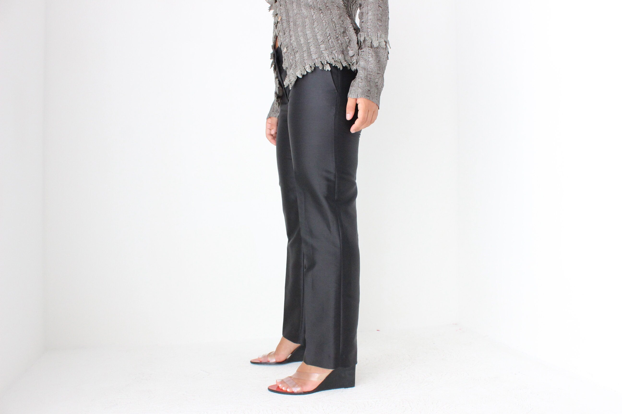 2000s PRADA Minimal Black Slim Trousers w/ Metallic Sheen