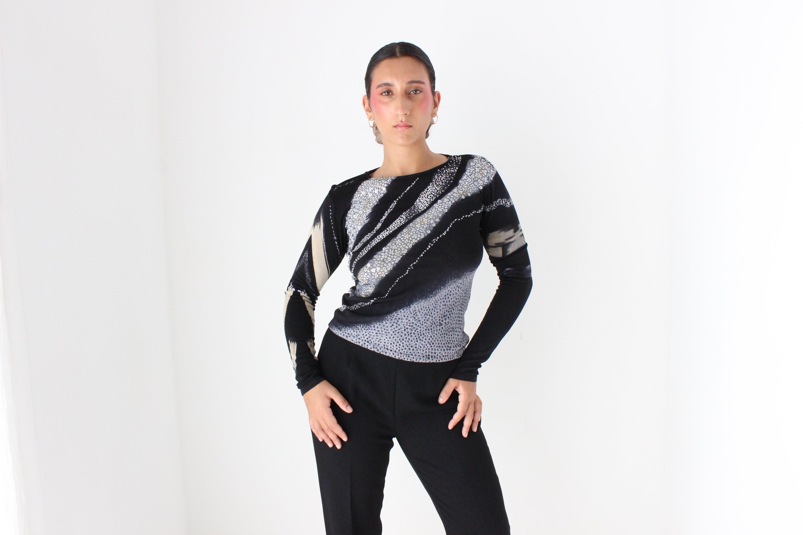 Y2K Stretch Abstract Animal Print & Sequin Knit Top