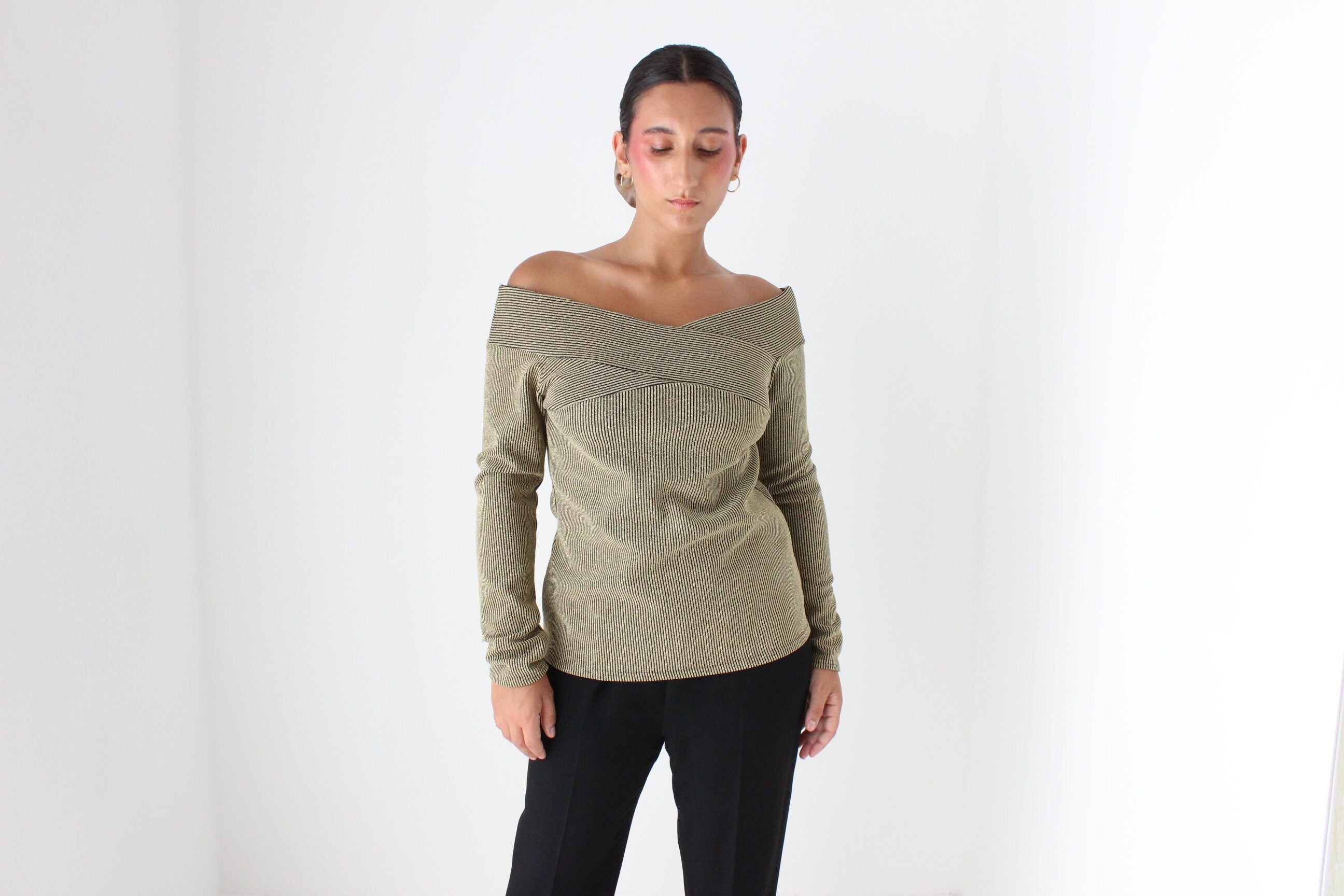 80s Gold Lurex Off Shoulder Sexy Knit Disco Top