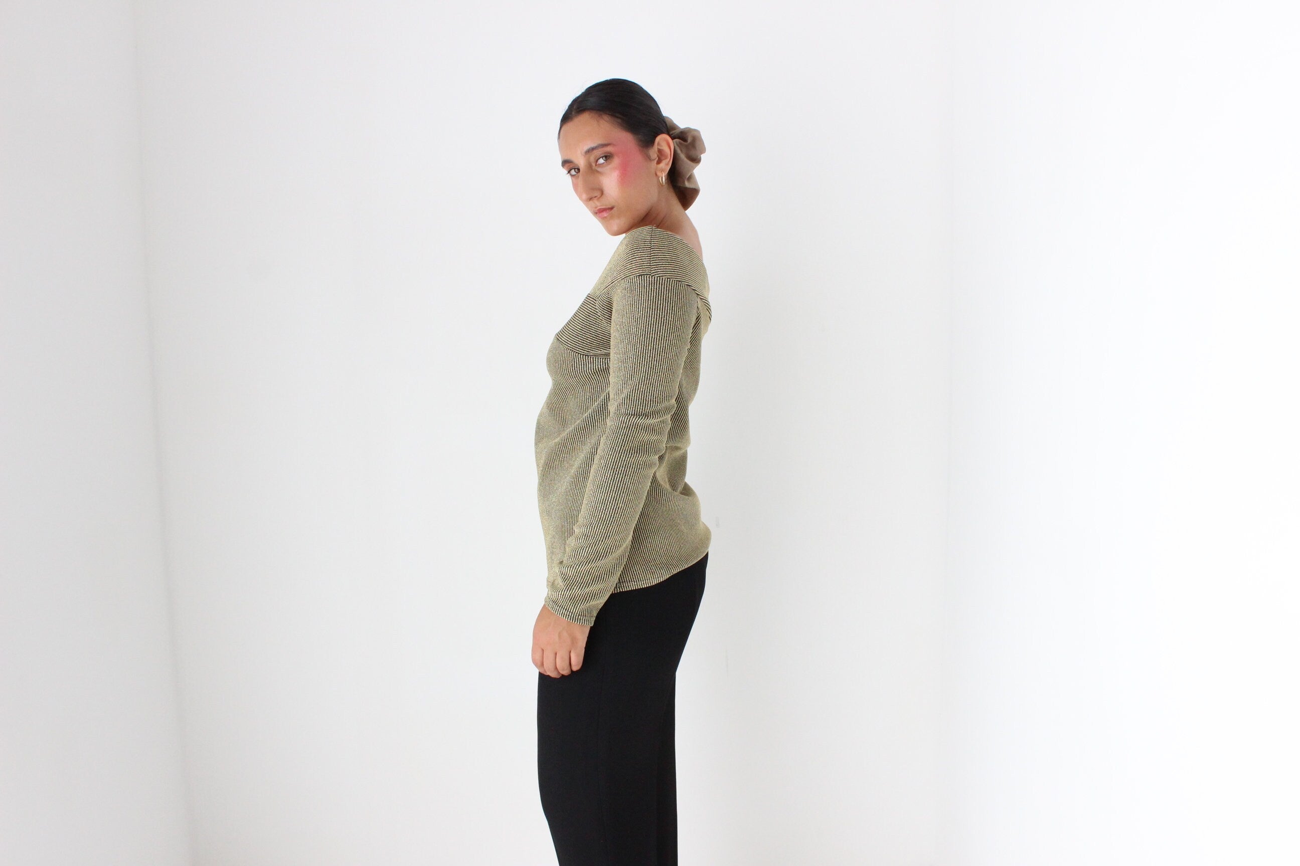 80s Gold Lurex Off Shoulder Sexy Knit Disco Top