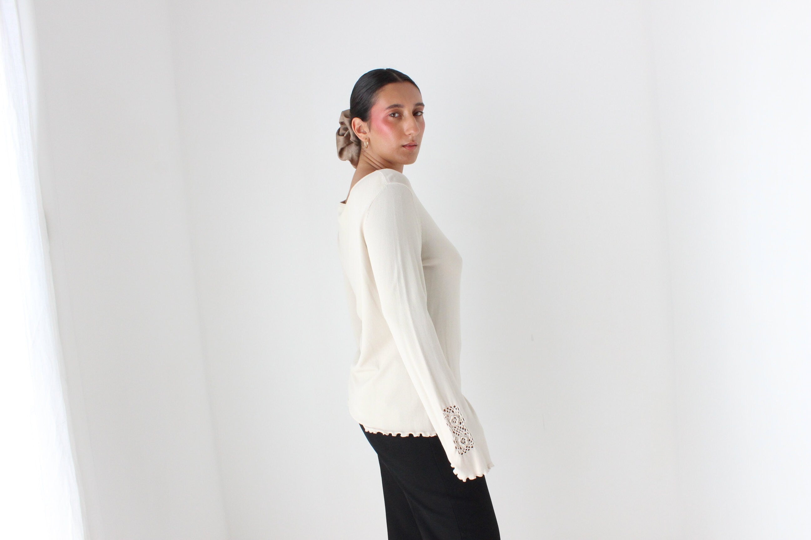Y2K Neutral Knit Top w/ Crochet Flared Sleeves