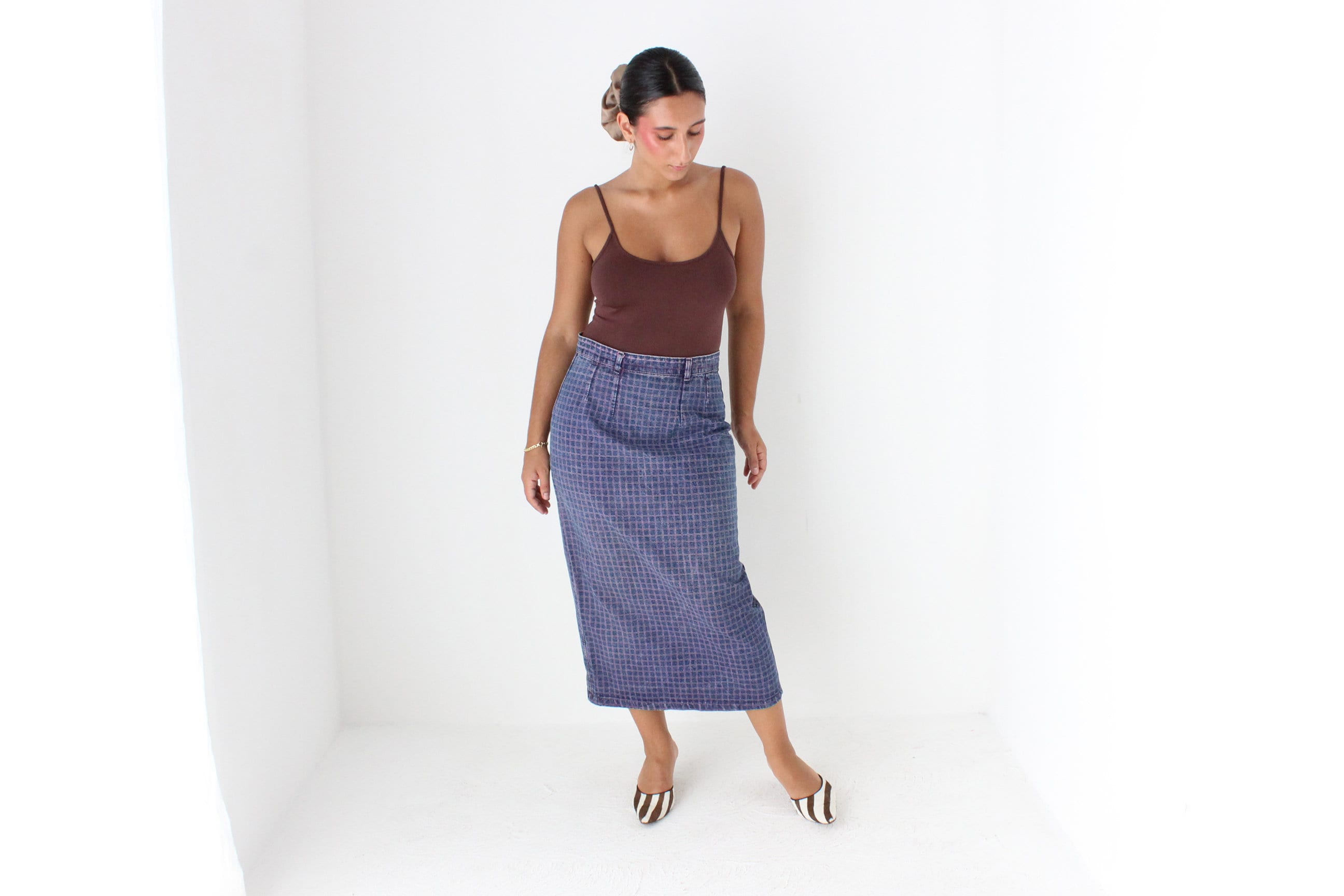 80s Minimal Denim High Waist Column Skirt