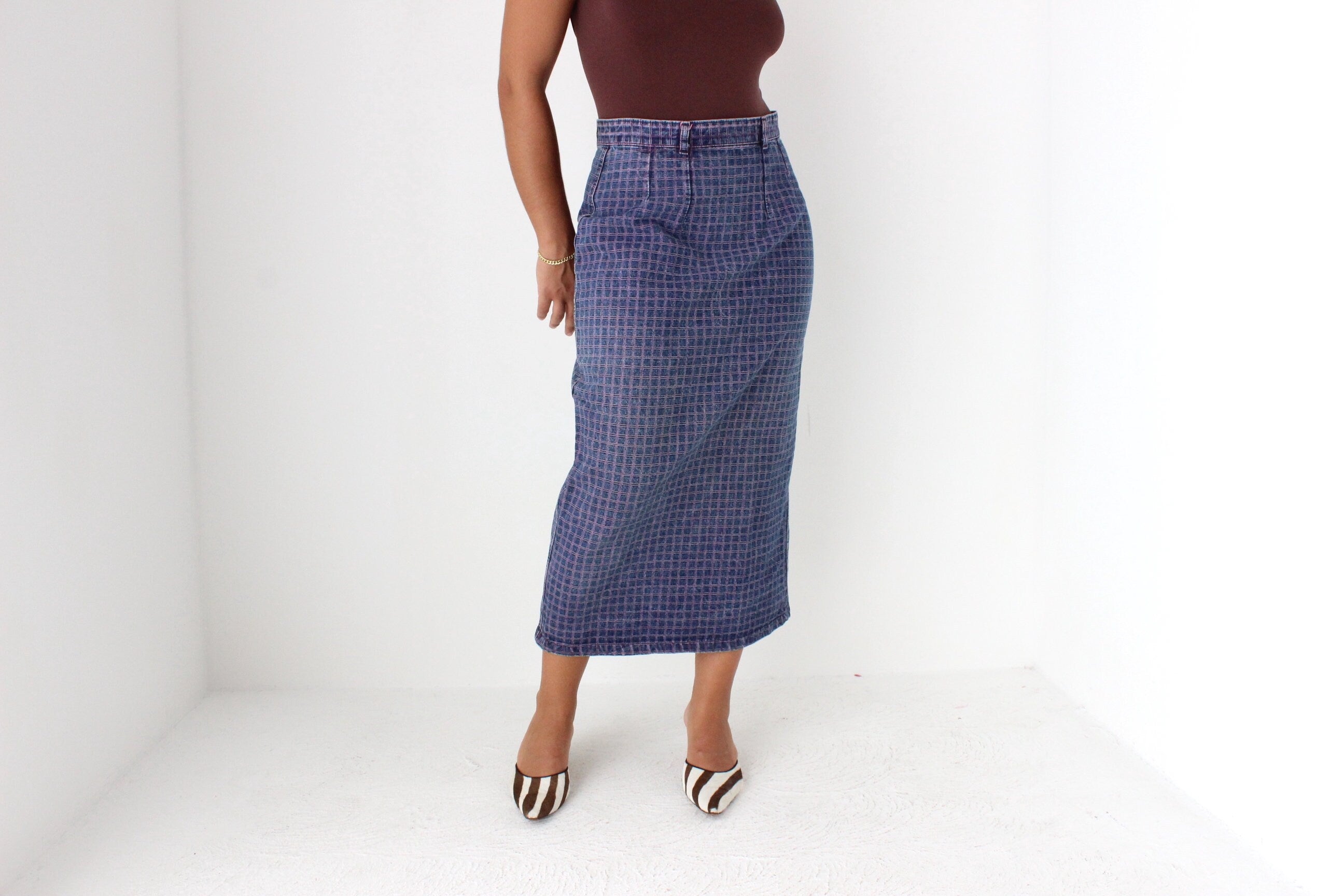 80s Minimal Denim High Waist Column Skirt