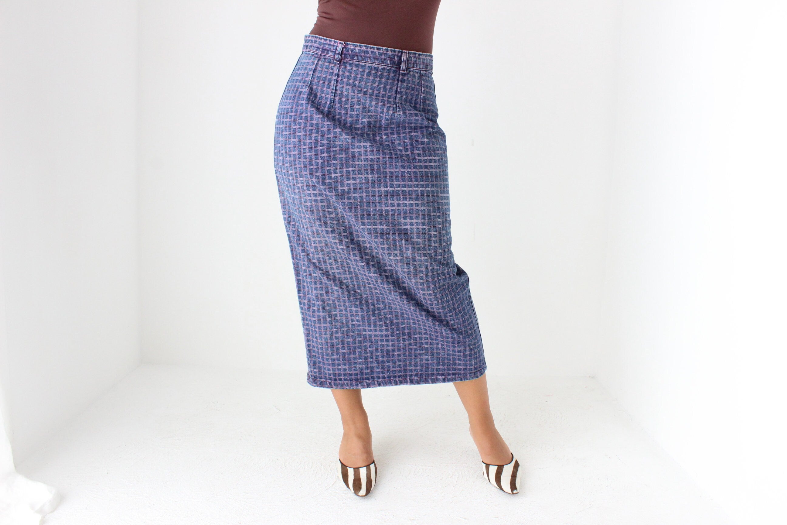 80s Minimal Denim High Waist Column Skirt