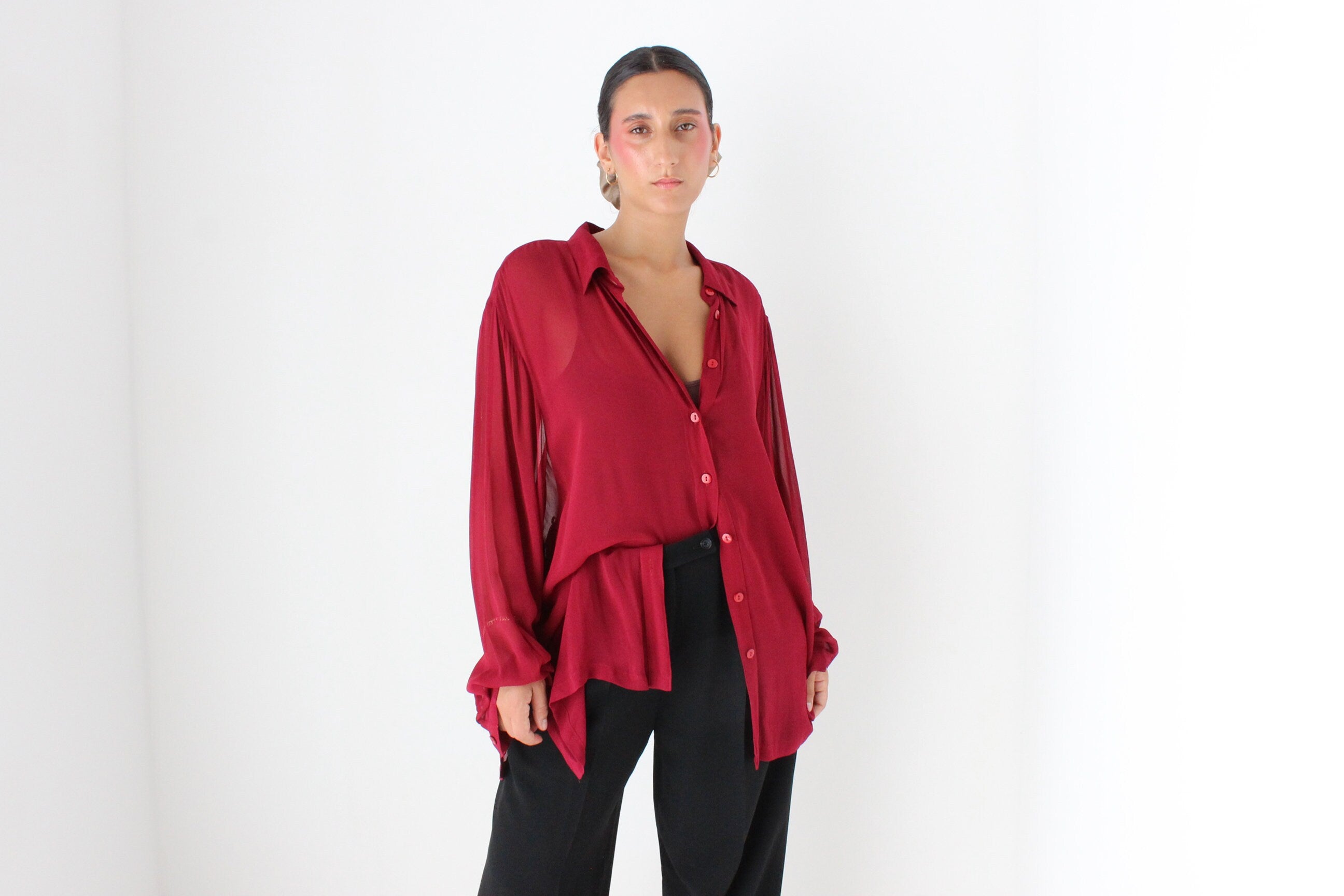 90s Sheer Gauze Oversized Button Up