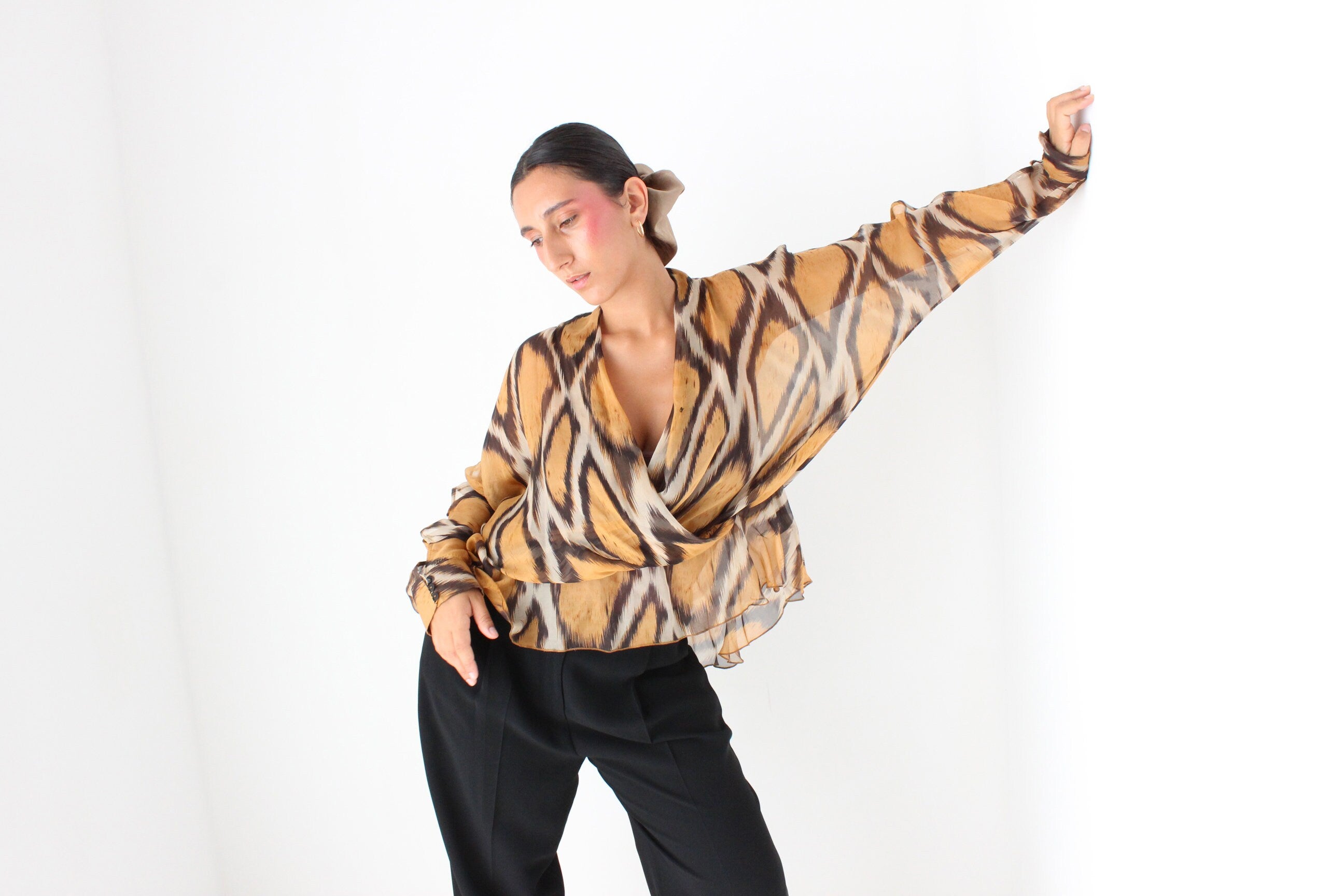 Y2K Pure Silk Animal Print Batwing Top