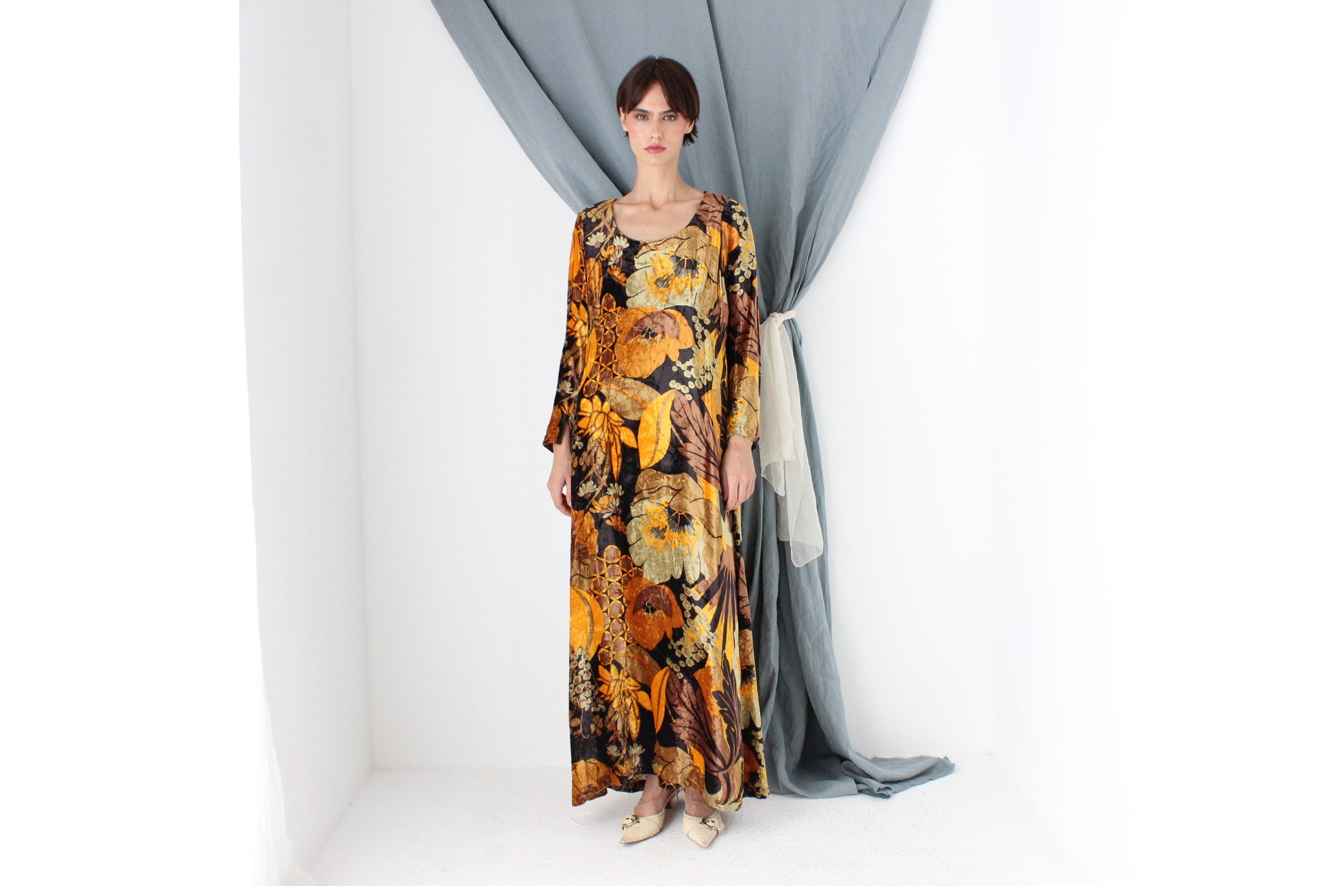 MADE IN ITALY One of a Kind Handmade 1970s Floral Rayon Velvet Maxi