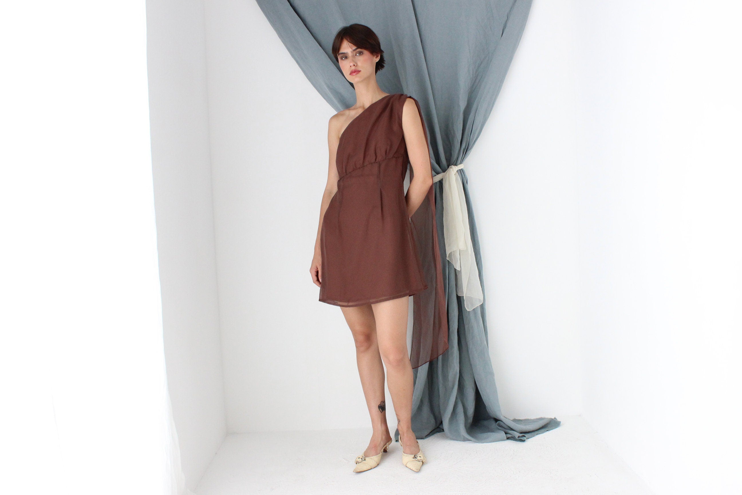 MADE IN ITALY 70s Milk Chocolate One Shoulder Cocktail Dress w/ Organza Cape Detail