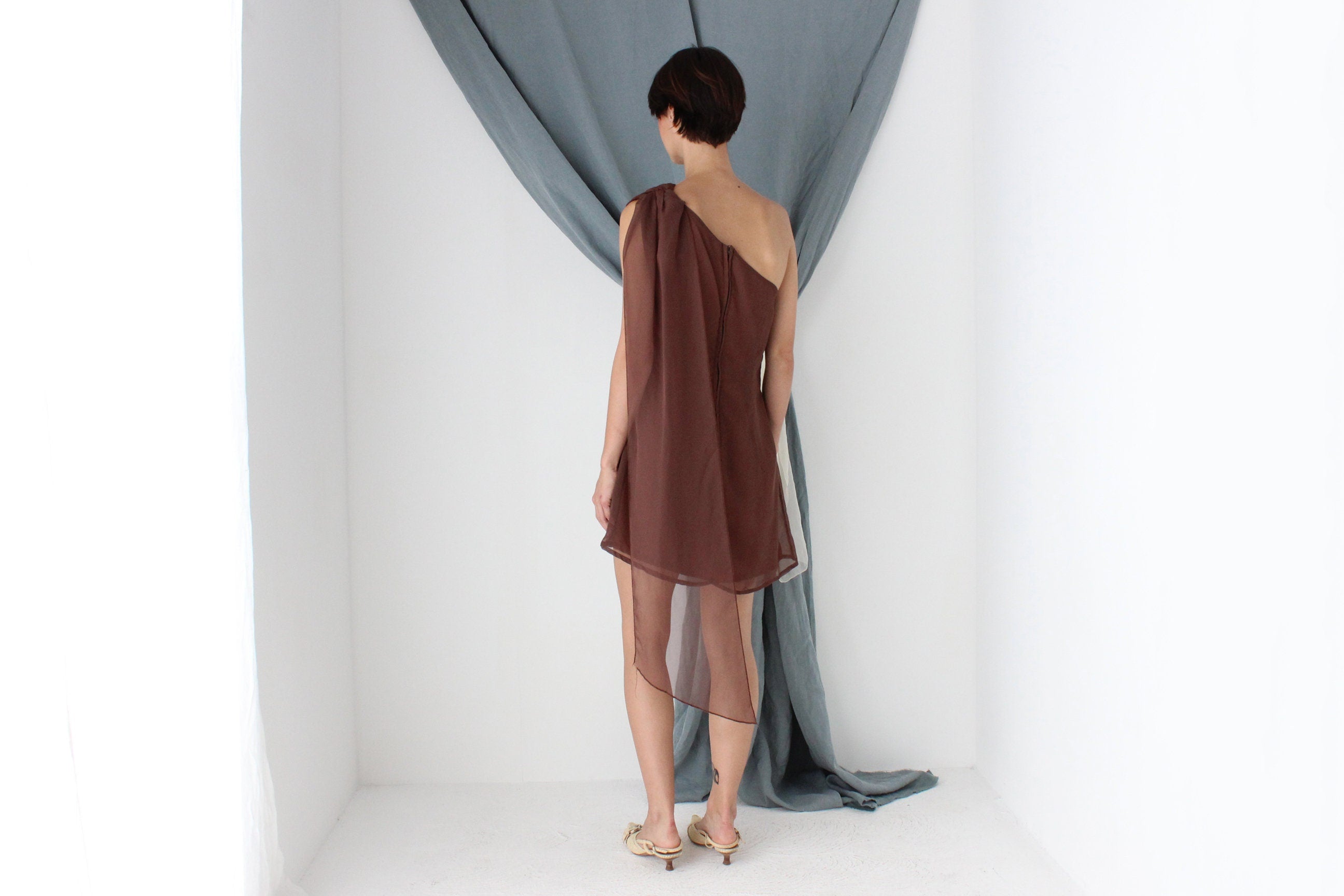 MADE IN ITALY 70s Milk Chocolate One Shoulder Cocktail Dress w/ Organza Cape Detail