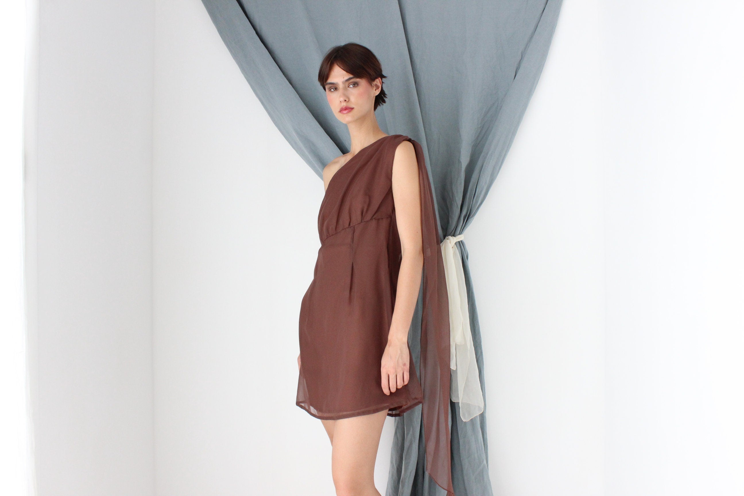 MADE IN ITALY 70s Milk Chocolate One Shoulder Cocktail Dress w/ Organza Cape Detail