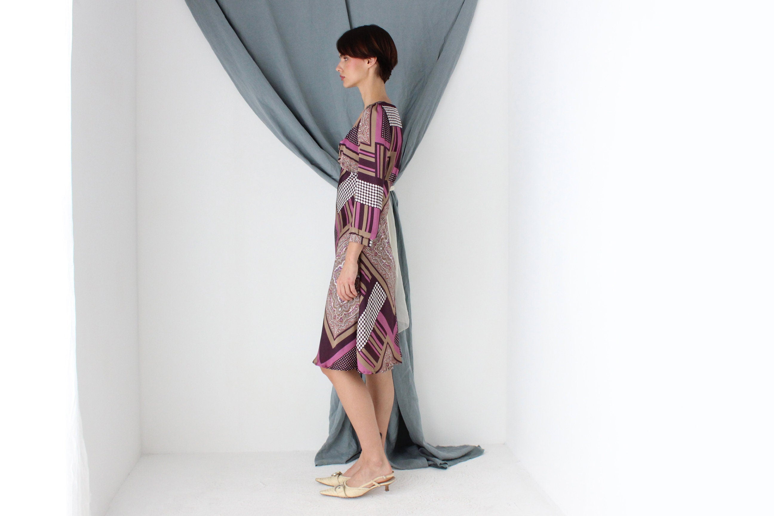 MADE IN ITALY 2000s Patchwork Print Bias Cut Satin Dress