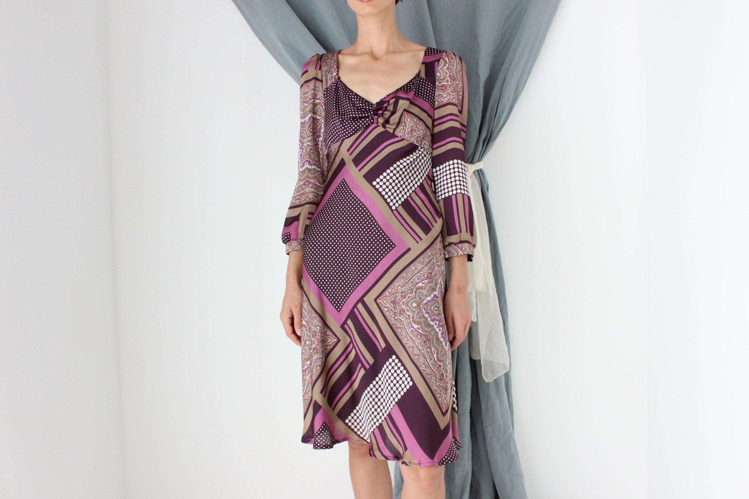 MADE IN ITALY 2000s Patchwork Print Bias Cut Satin Dress