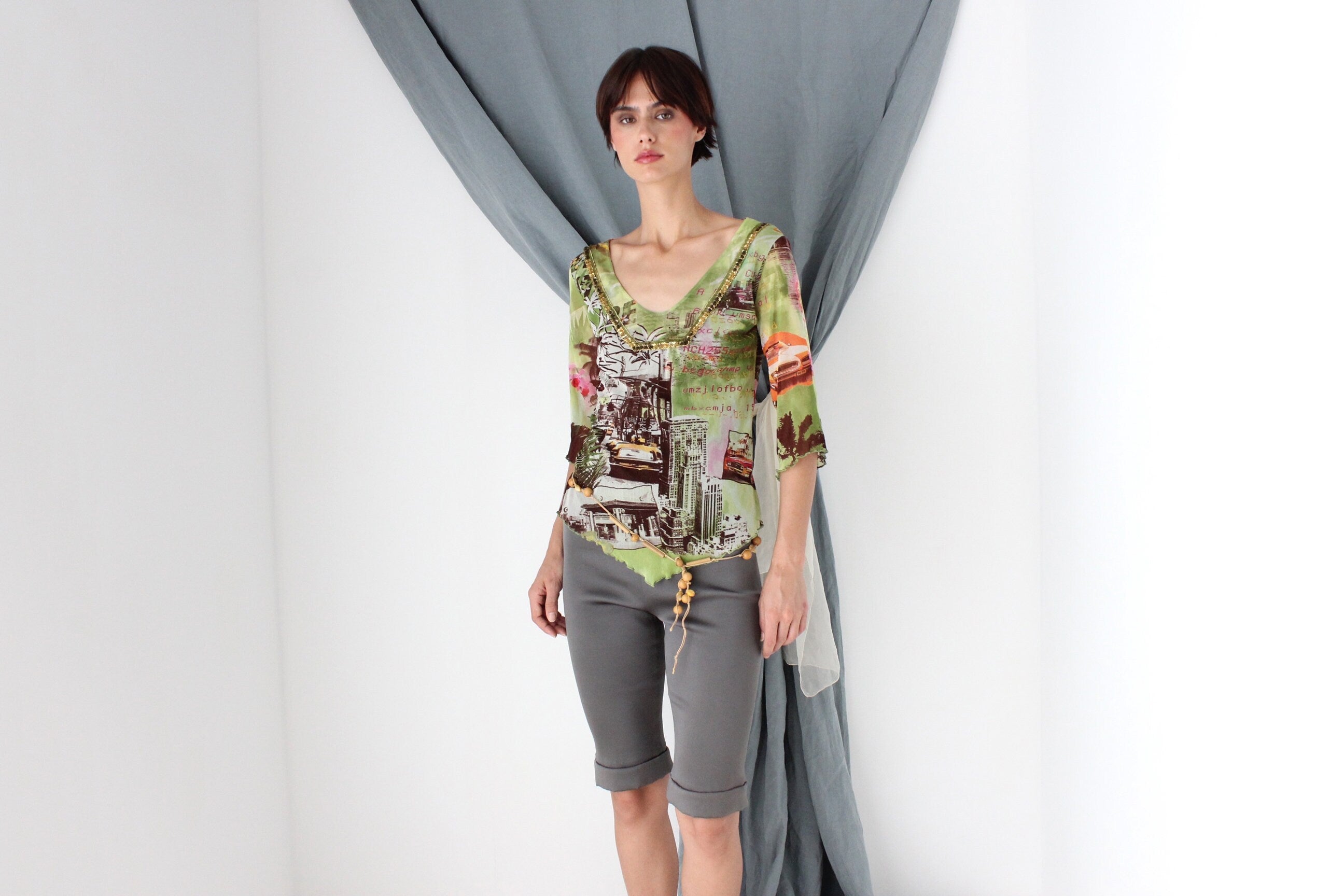 MADE IN ITALY Y2K Printed Mesh Top w/ Bead Embellishment