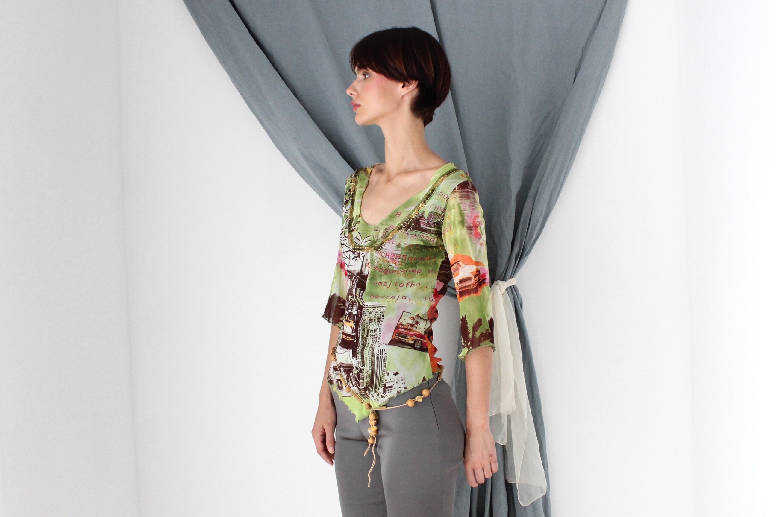 MADE IN ITALY Y2K Printed Mesh Top w/ Bead Embellishment