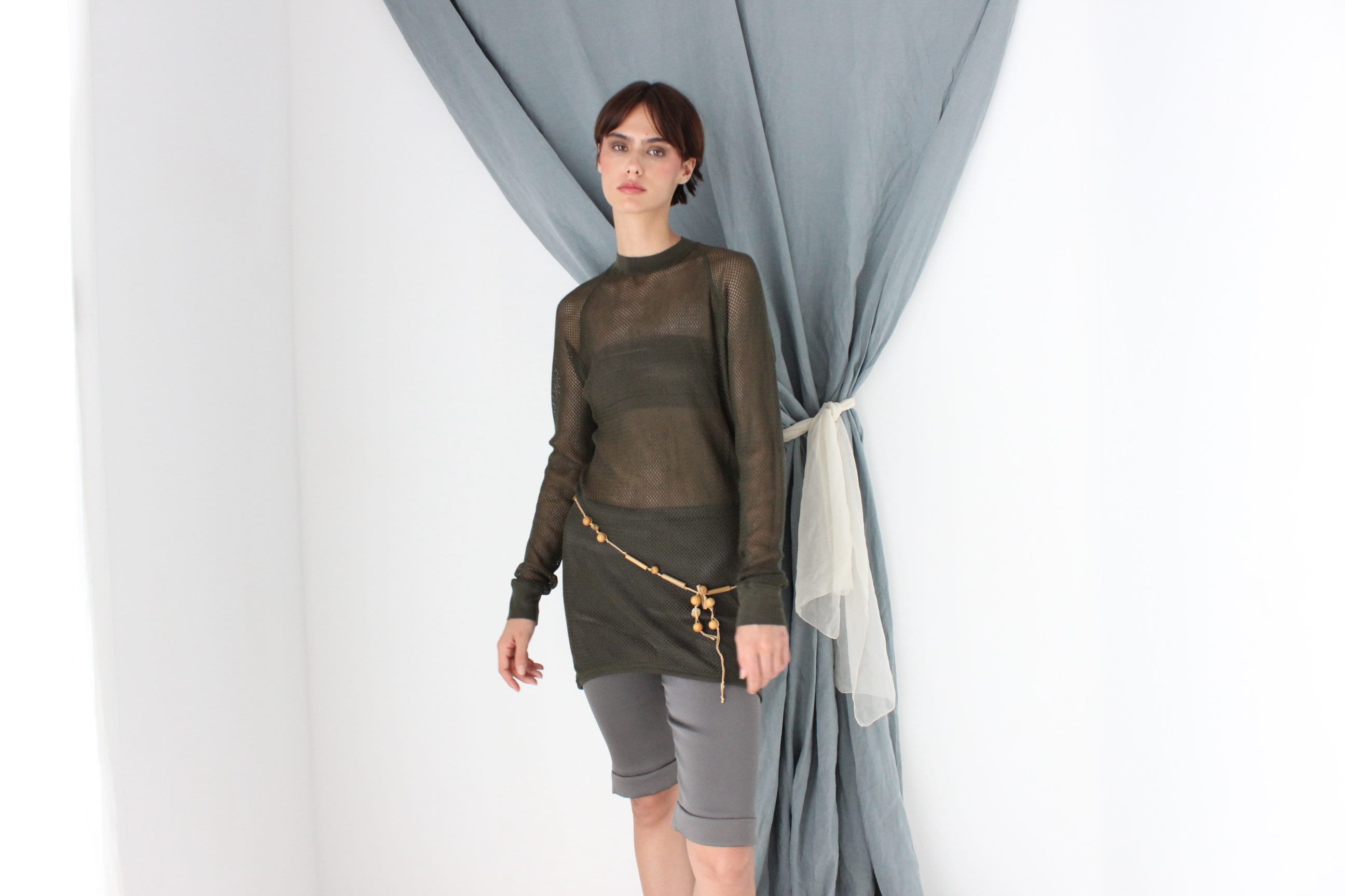 MADE IN ITALY 2000s Khaki Fishnet Mesh Long Sleeve Top or Mini