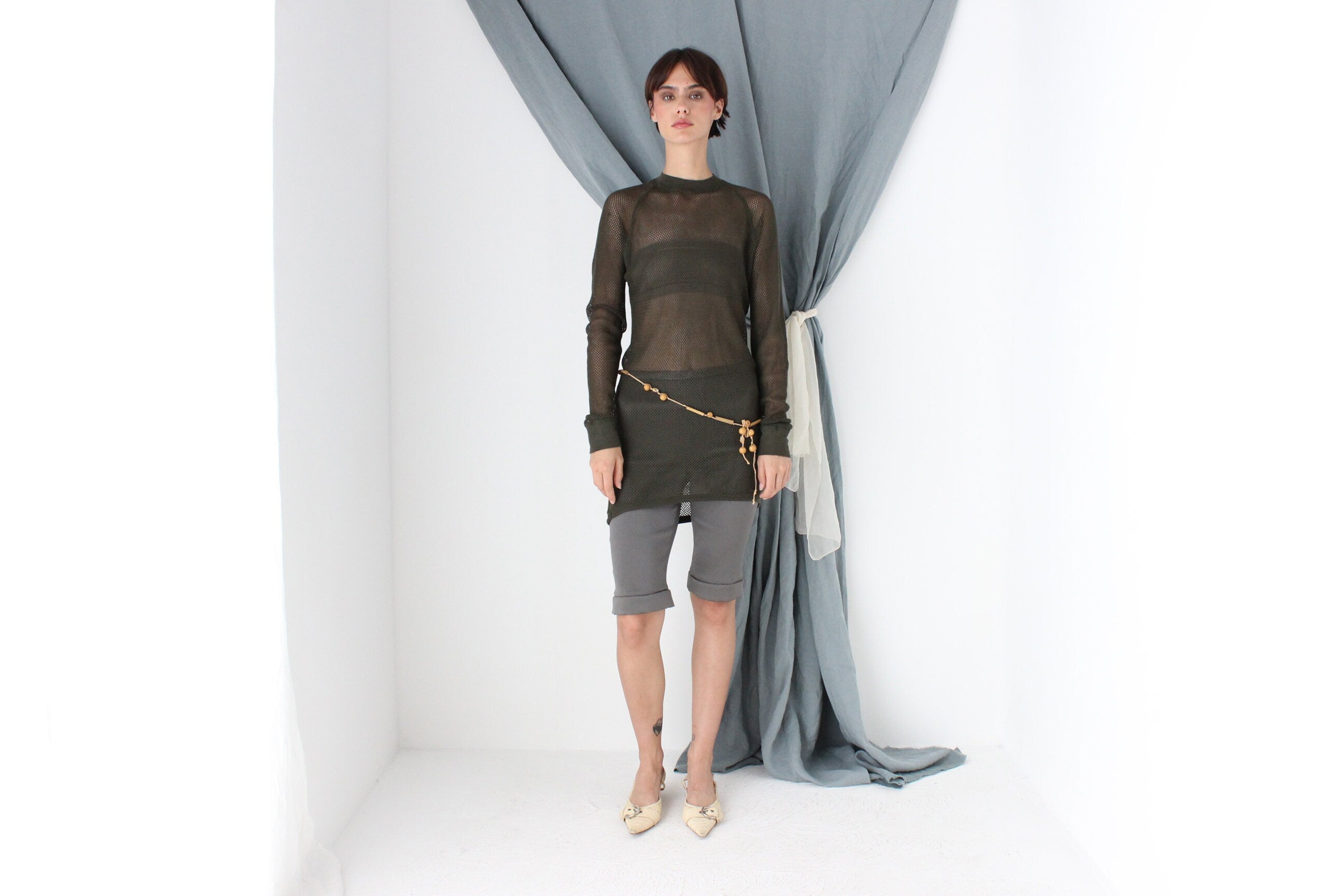 MADE IN ITALY 2000s Khaki Fishnet Mesh Long Sleeve Top or Mini