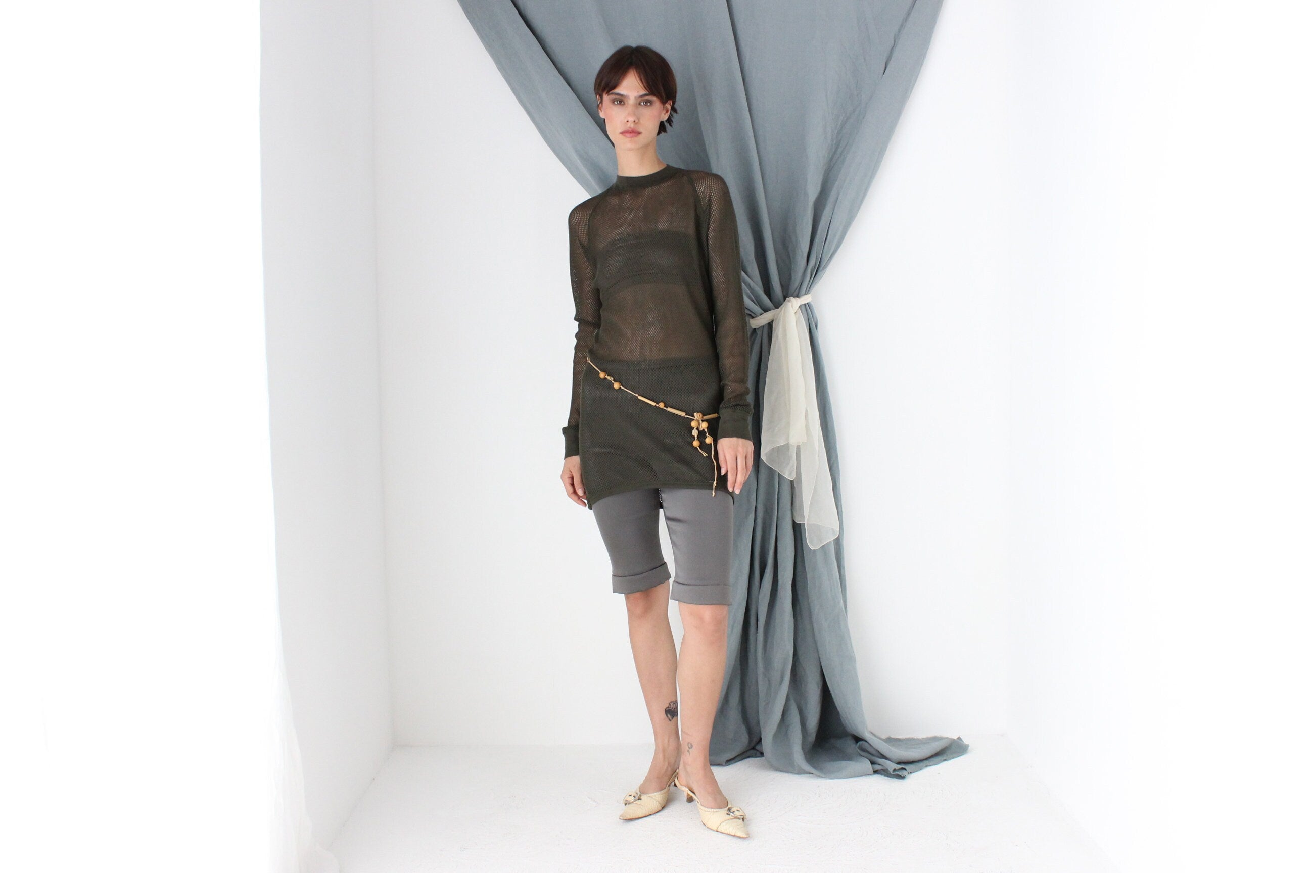 MADE IN ITALY 2000s Khaki Fishnet Mesh Long Sleeve Top or Mini