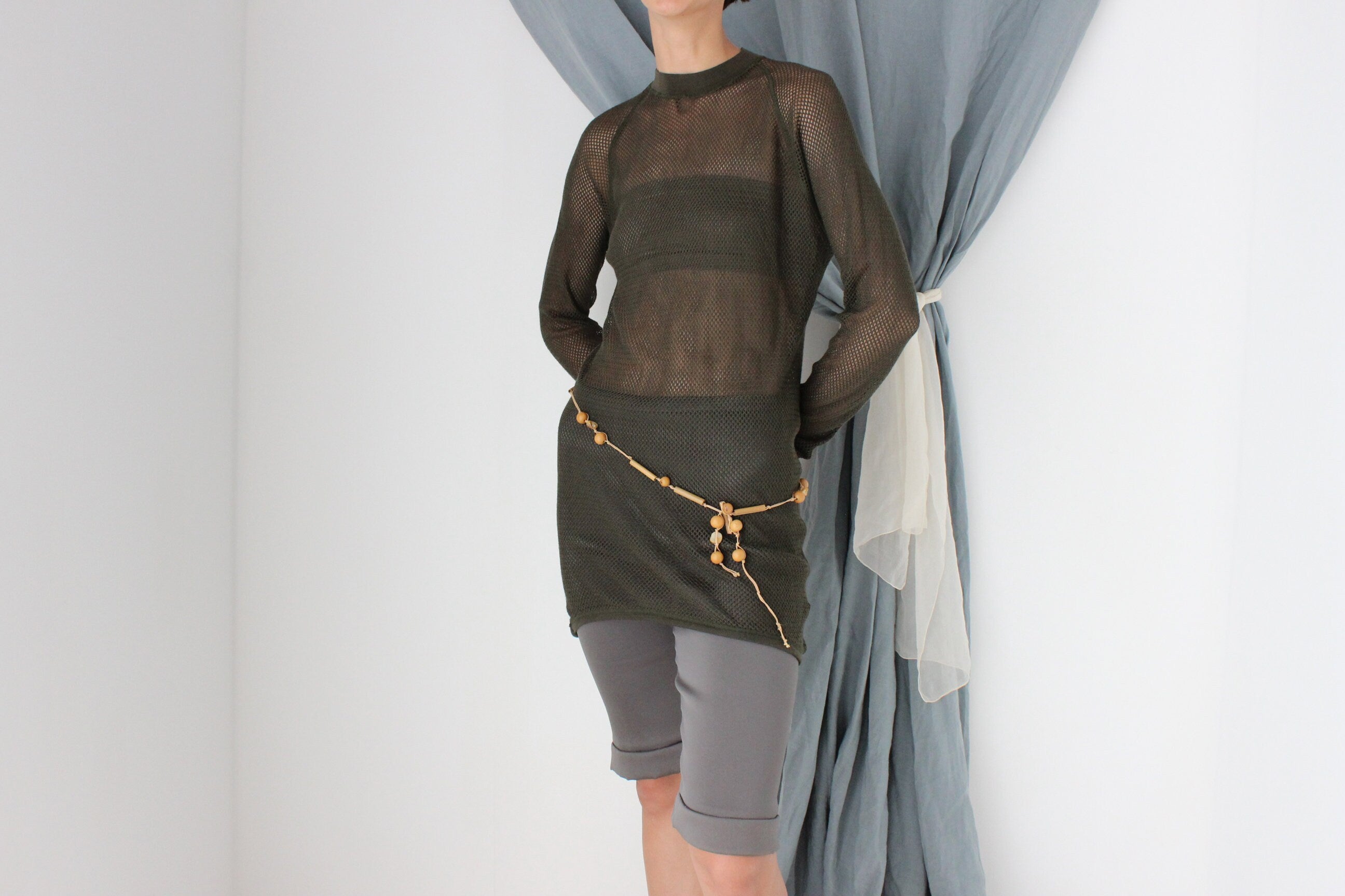 MADE IN ITALY 2000s Khaki Fishnet Mesh Long Sleeve Top or Mini