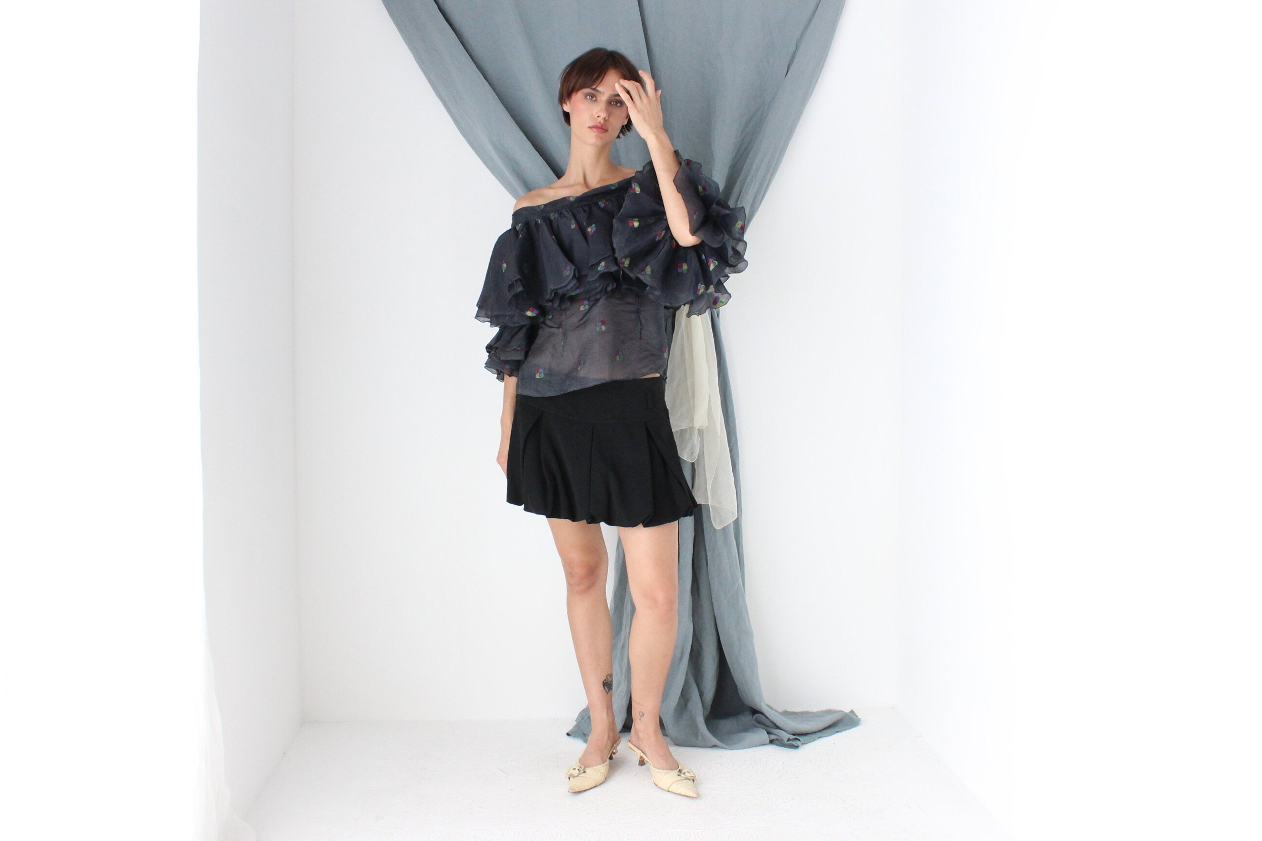MADE IN ITALY 70s Silk Organza Voluminous Off Shoulder Top