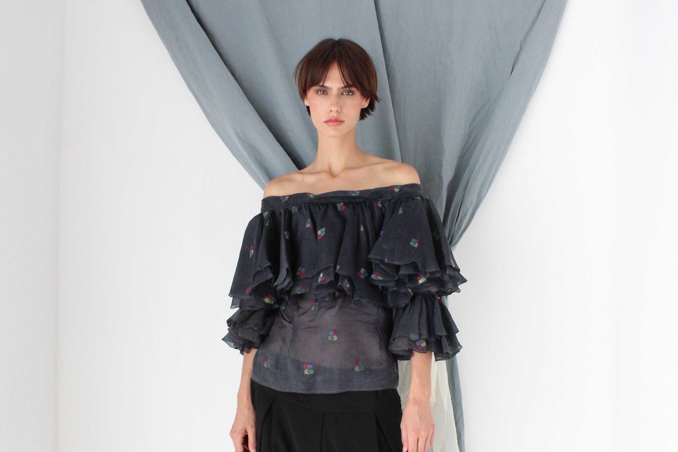 MADE IN ITALY 70s Silk Organza Voluminous Off Shoulder Top