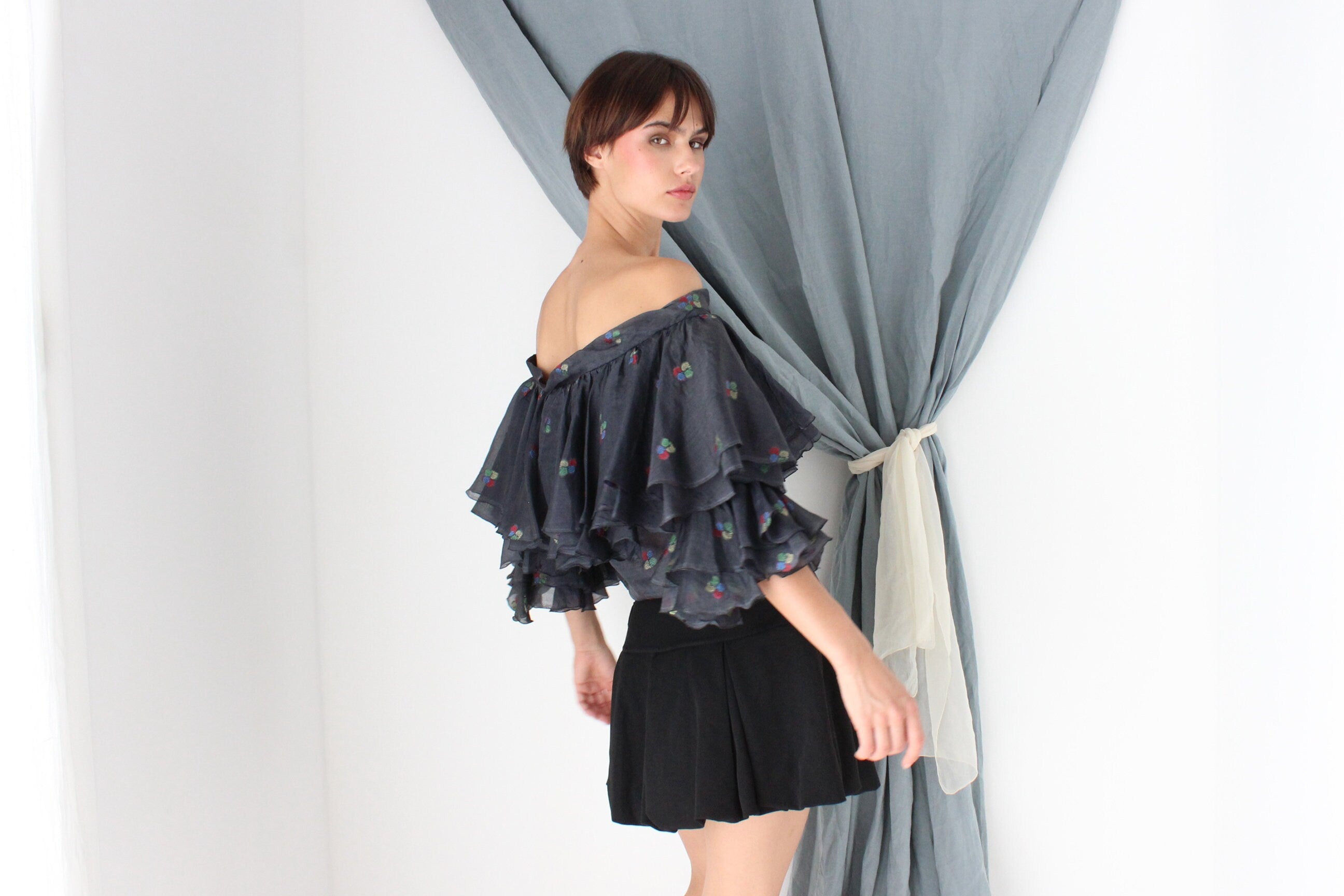 MADE IN ITALY 70s Silk Organza Voluminous Off Shoulder Top