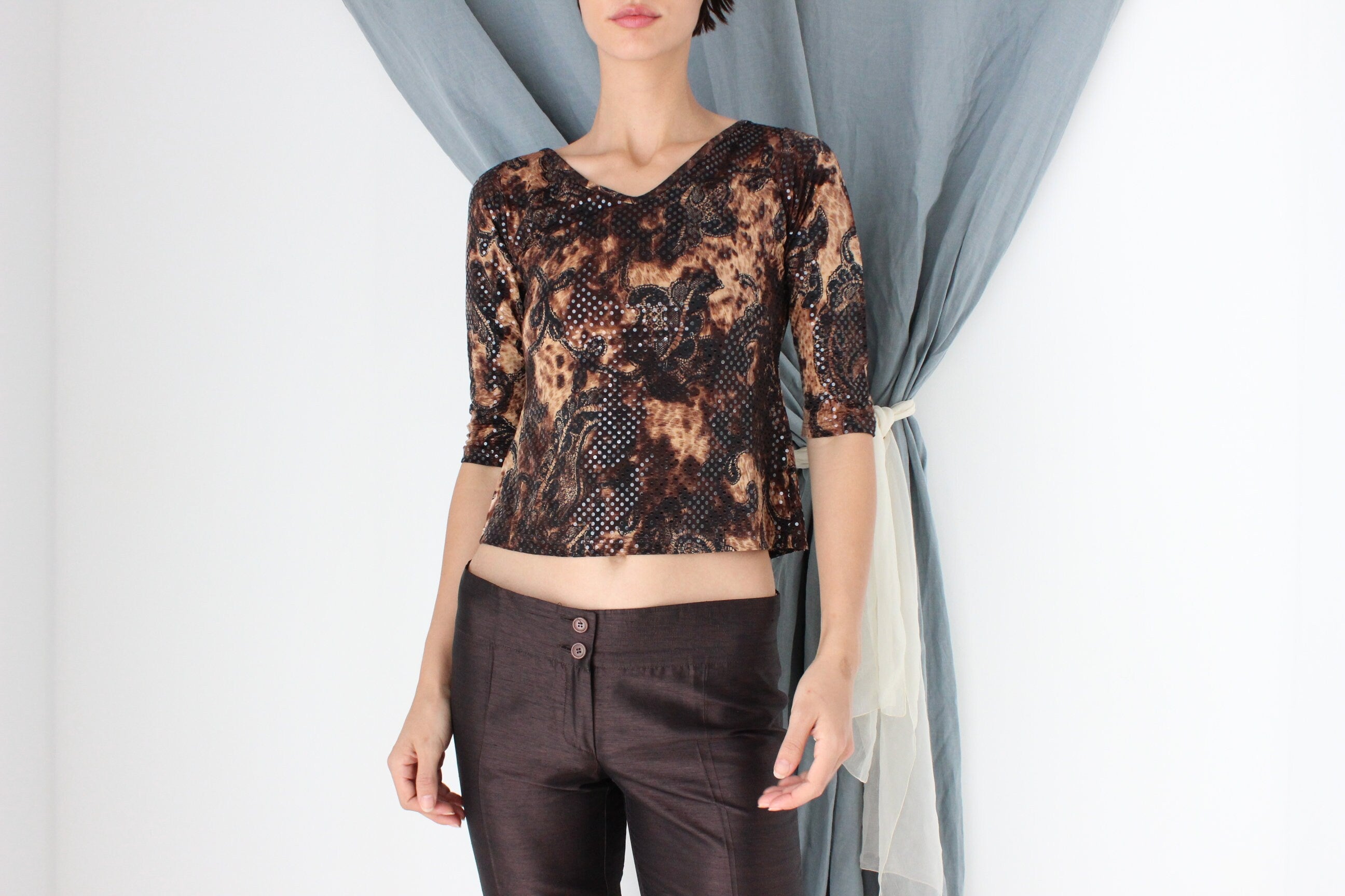 MADE IN ITALY "Leopard & Lace" Y2K Sequin Fitted Crop Top