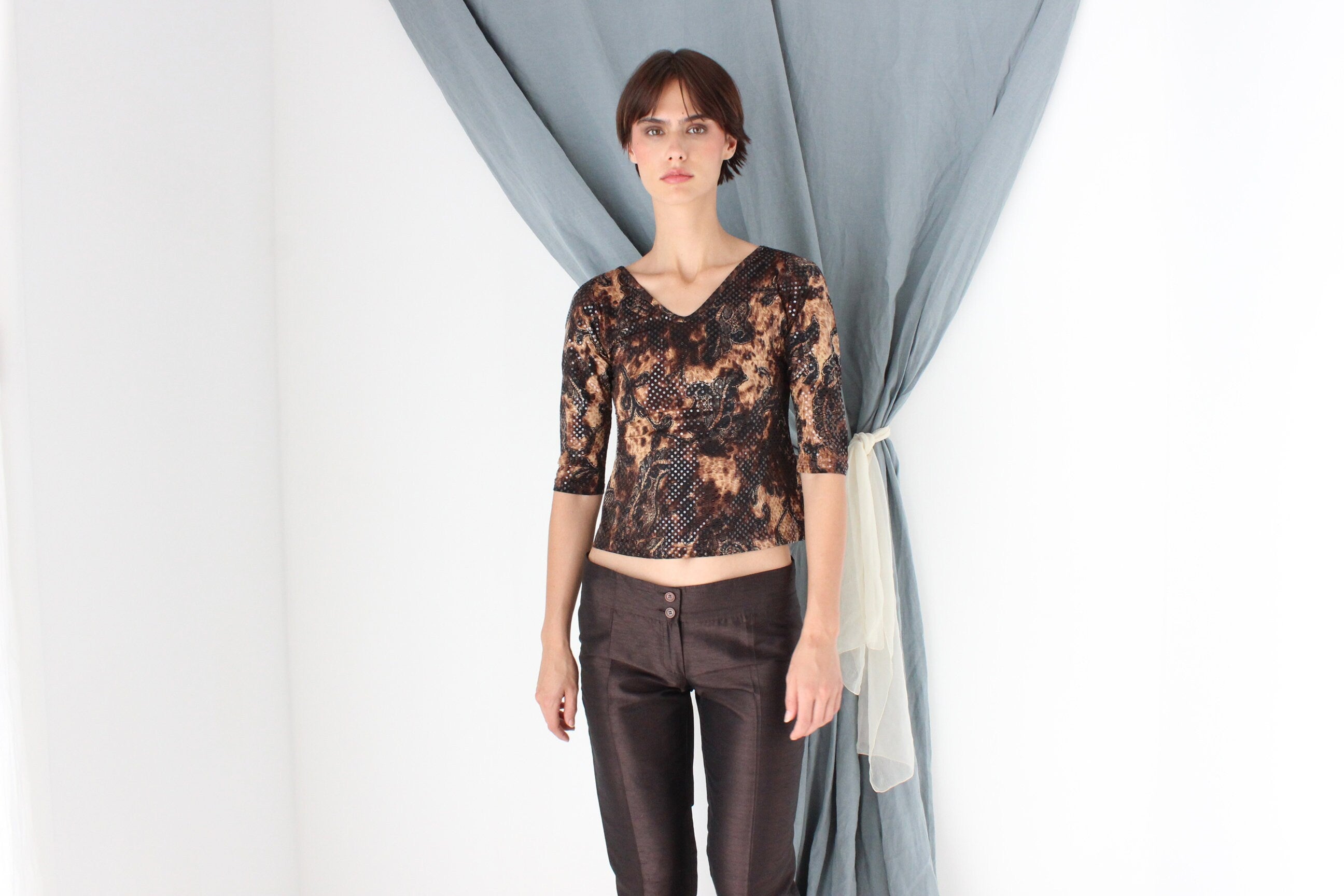 MADE IN ITALY "Leopard & Lace" Y2K Sequin Fitted Crop Top