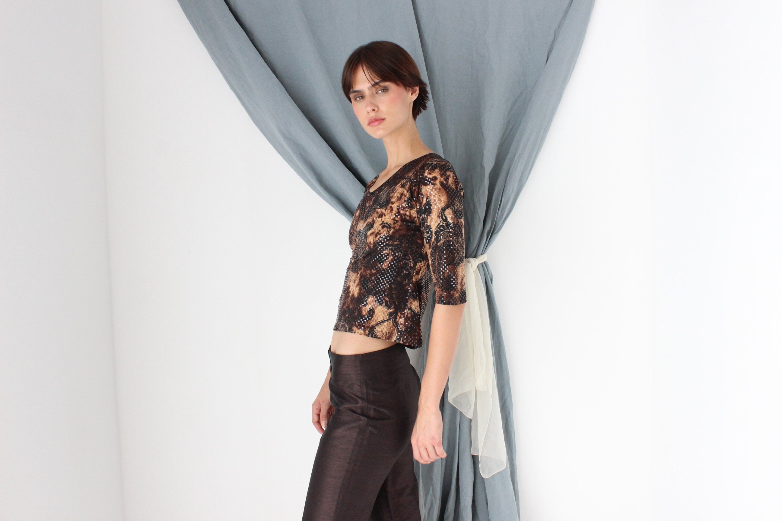 MADE IN ITALY "Leopard & Lace" Y2K Sequin Fitted Crop Top