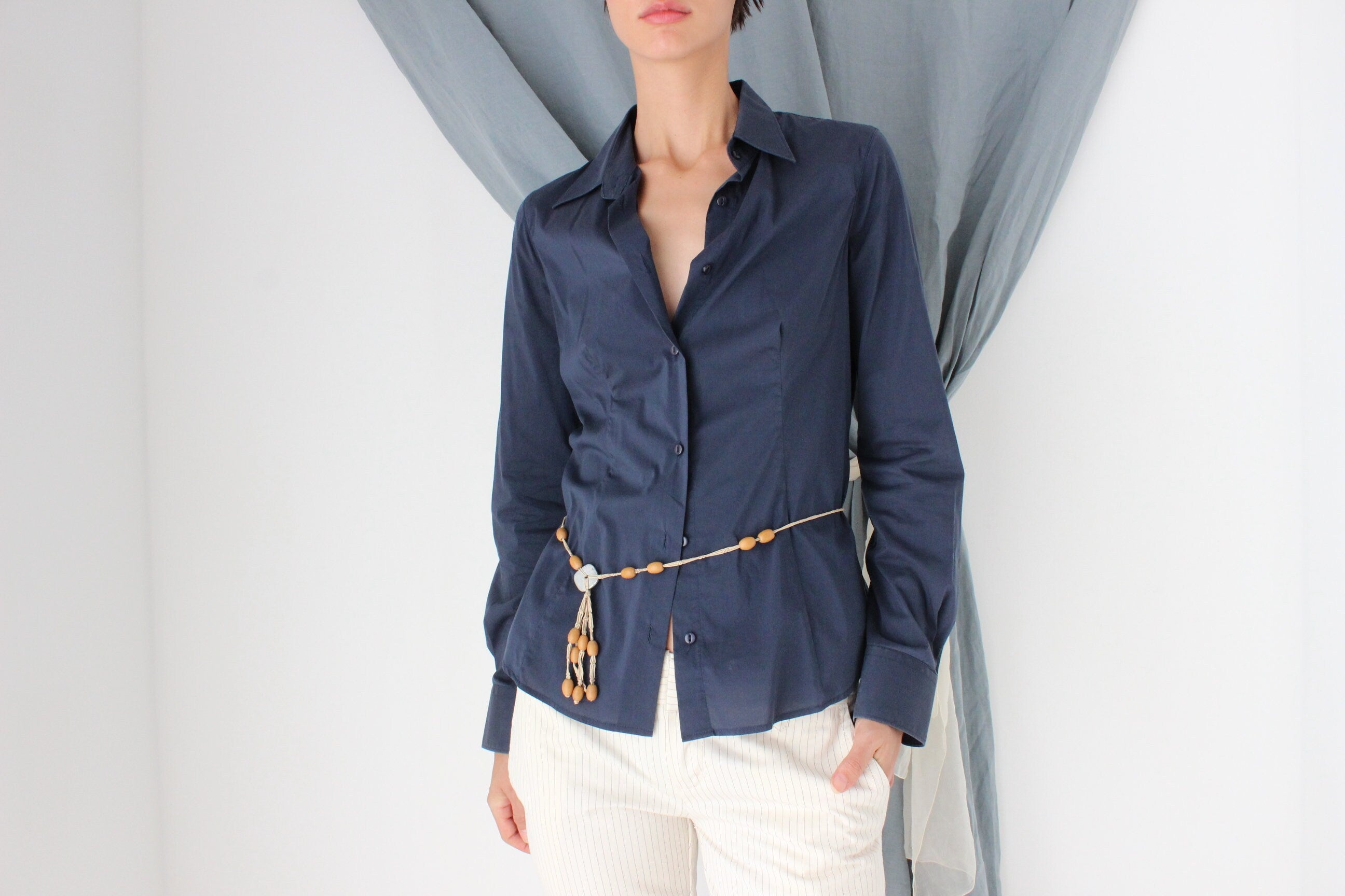 MADE IN ITALY 2000s Sexy Navy Blue Button Up