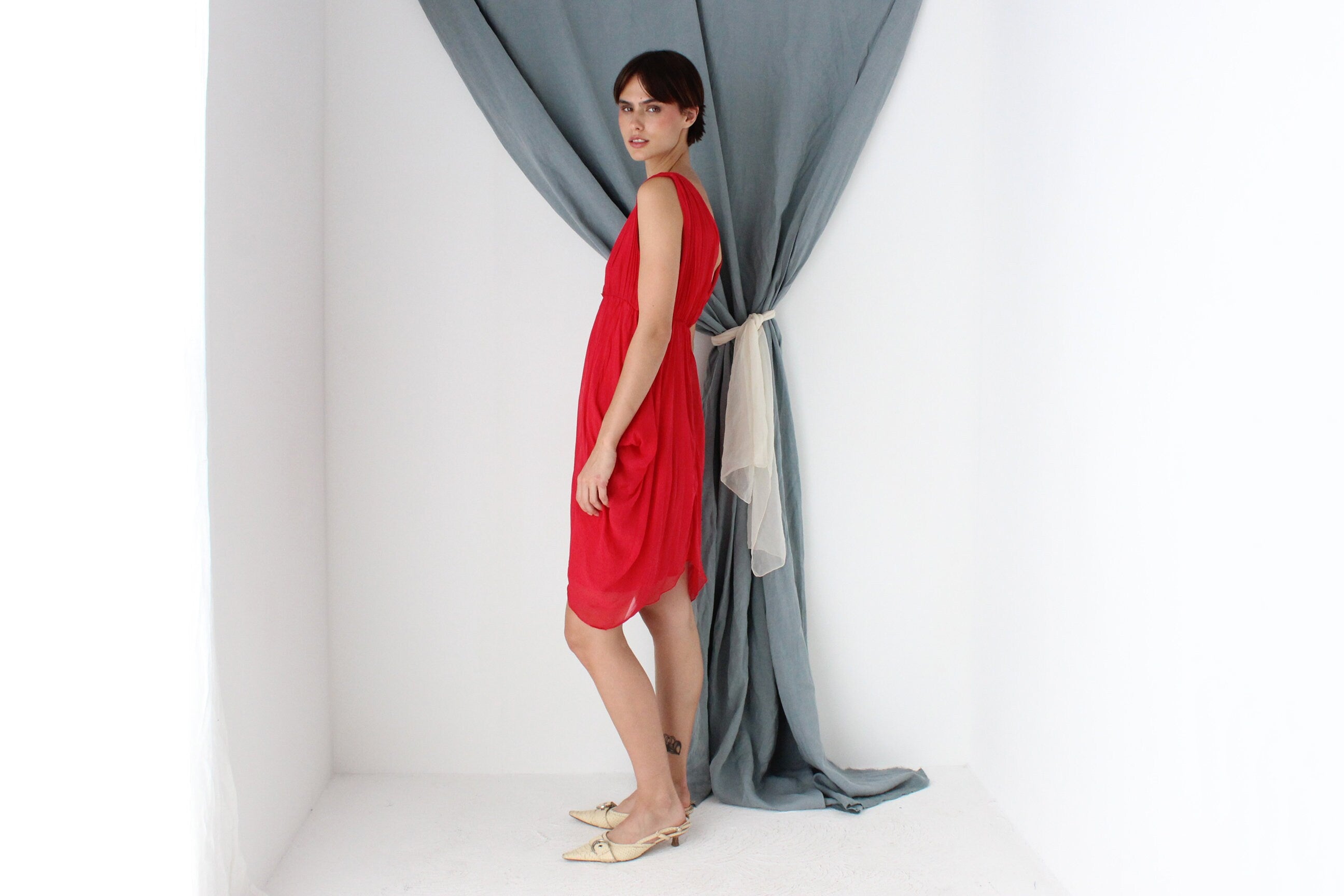MADE IN ITALY 2000s Draped Silk Plunge Neck Dress