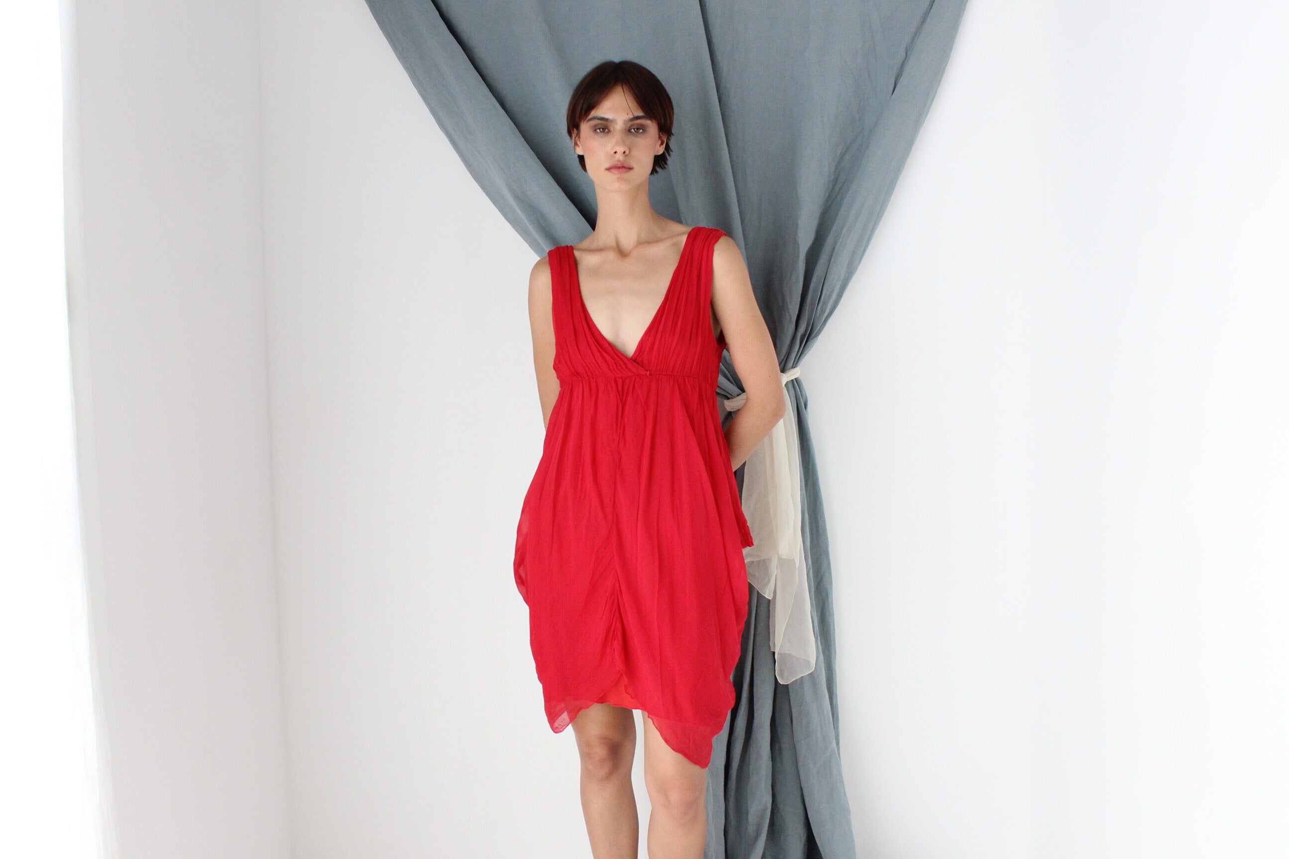 MADE IN ITALY 2000s Draped Silk Plunge Neck Dress
