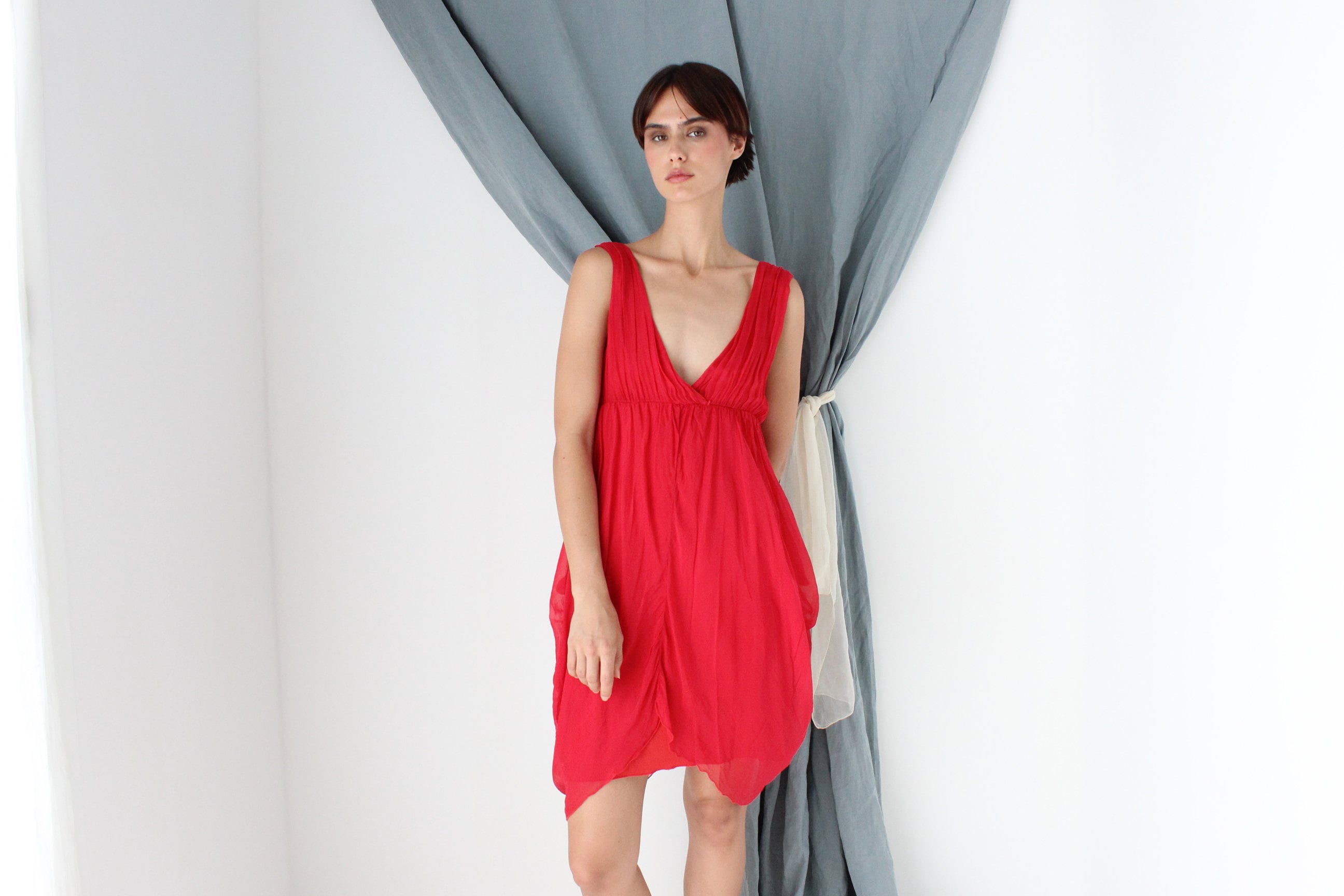 MADE IN ITALY 2000s Draped Silk Plunge Neck Dress