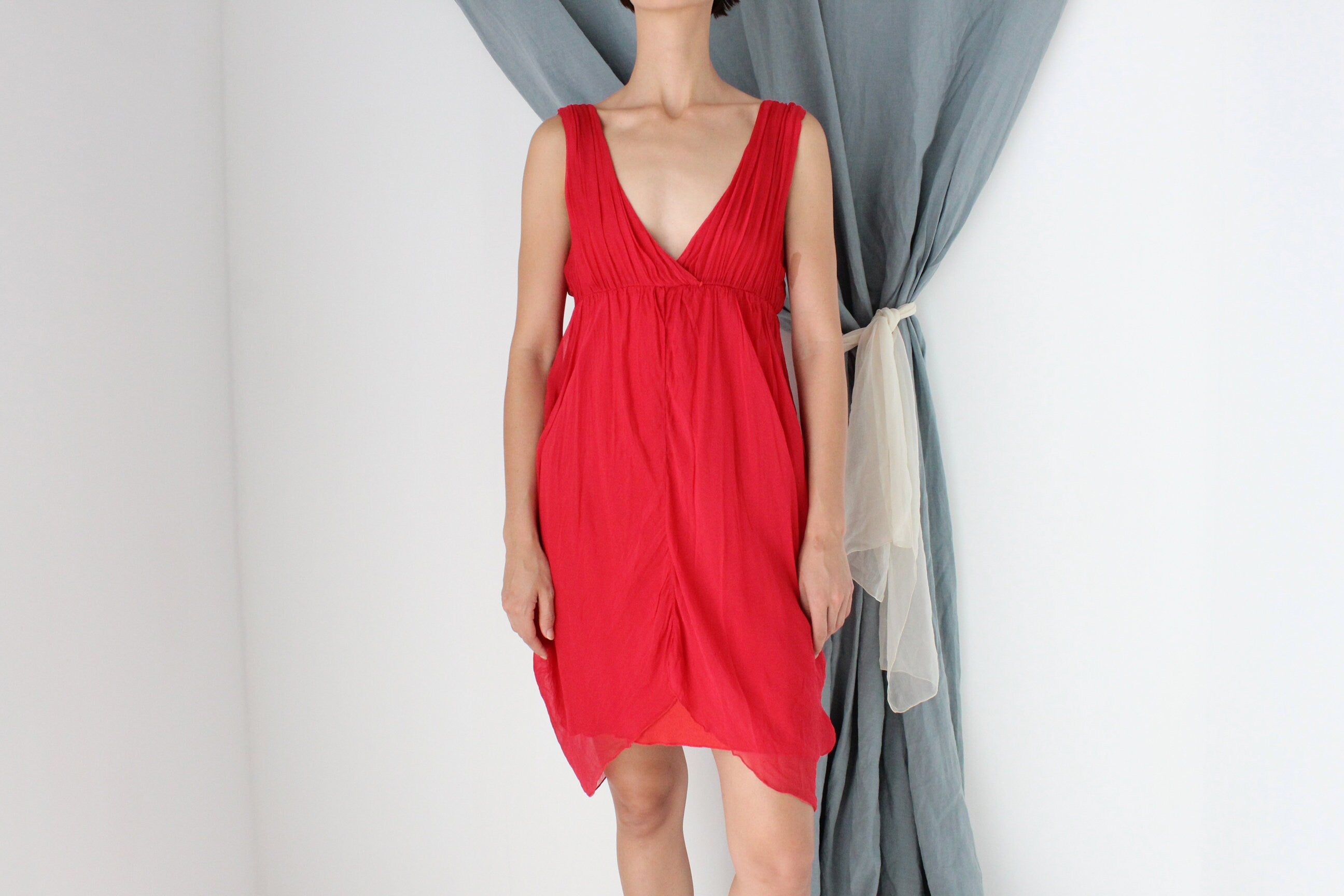 MADE IN ITALY 2000s Draped Silk Plunge Neck Dress