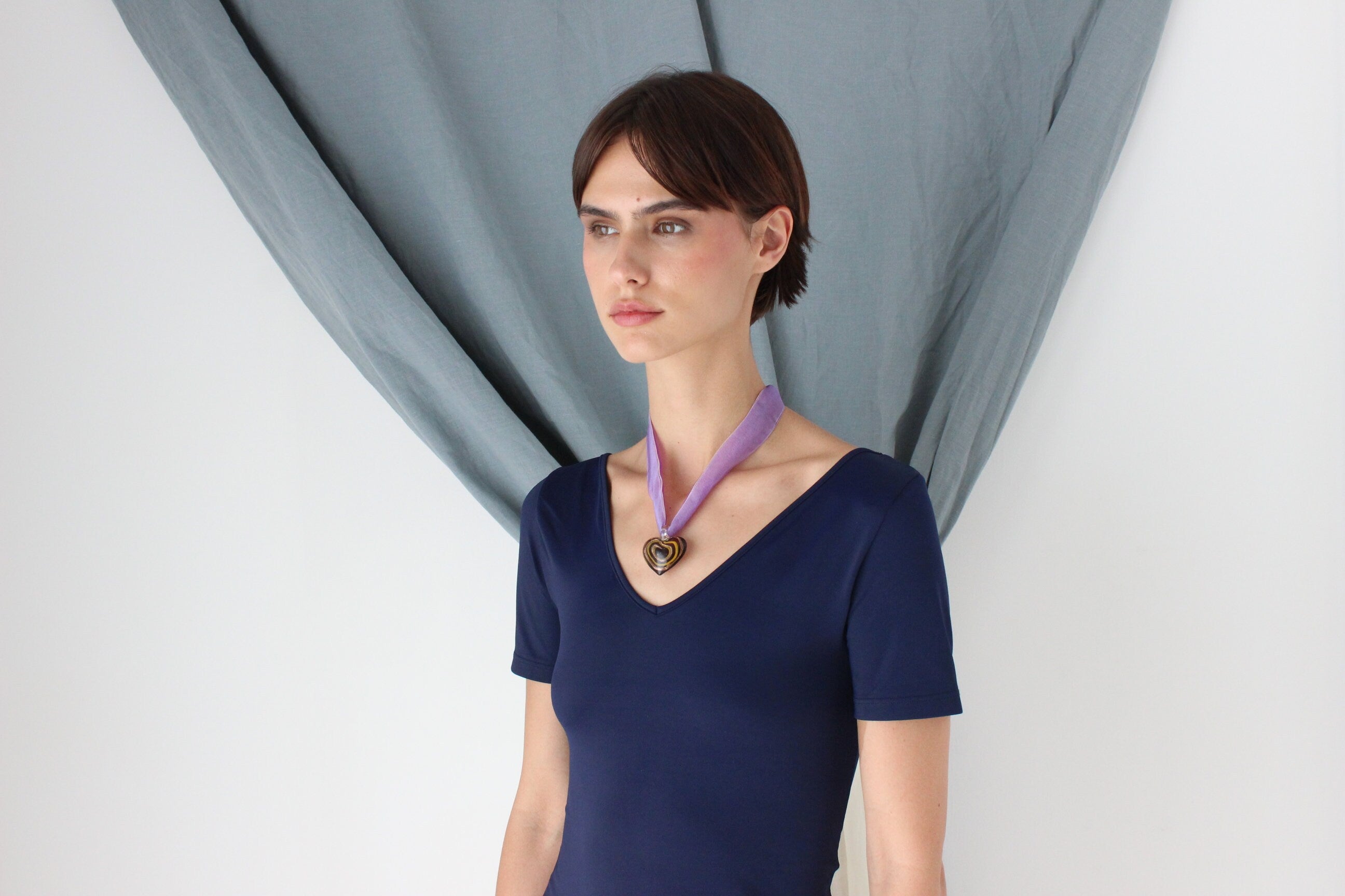 MADE IN ITALY Glass Heart Pendant Ribbon Necklace