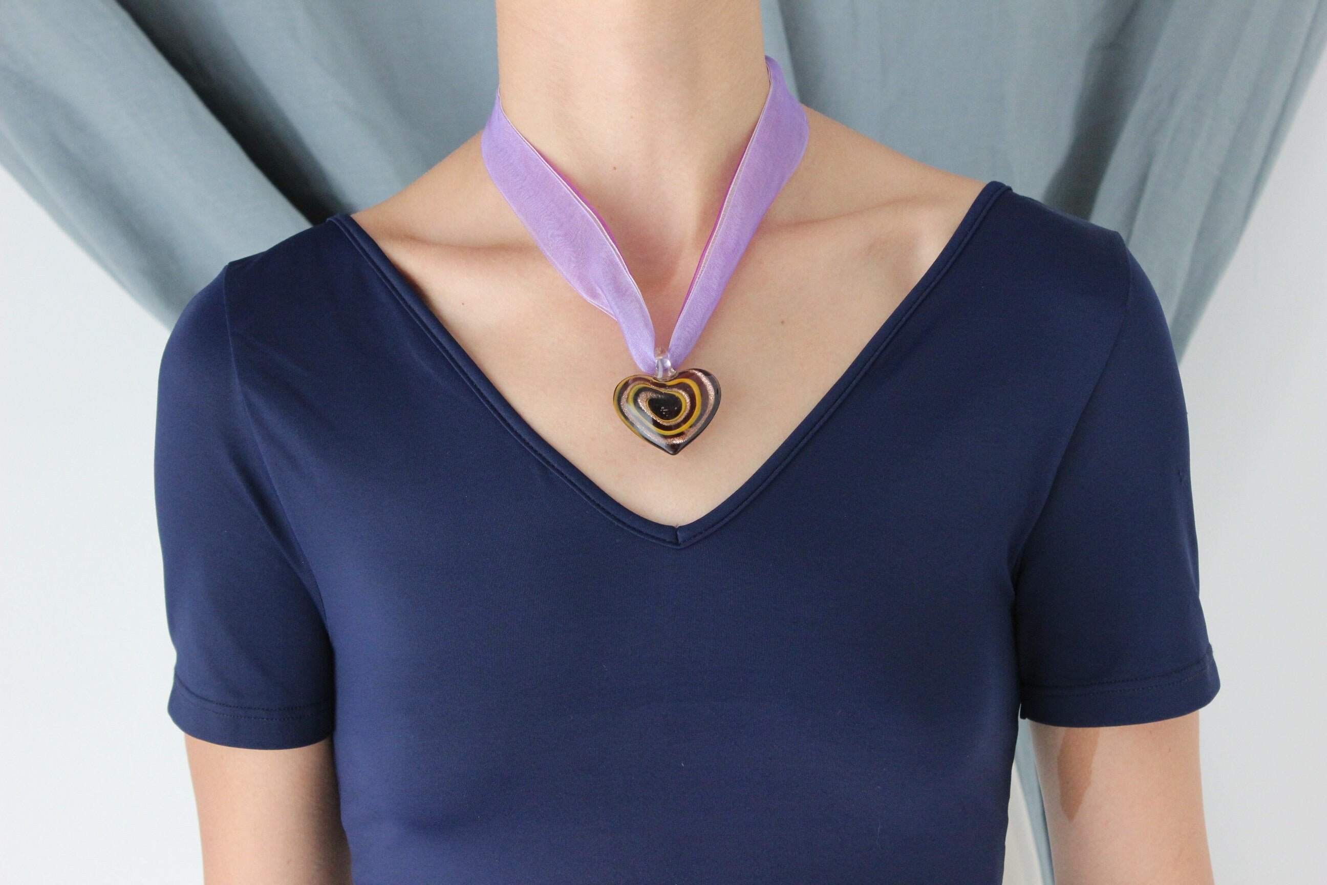 MADE IN ITALY Glass Heart Pendant Ribbon Necklace