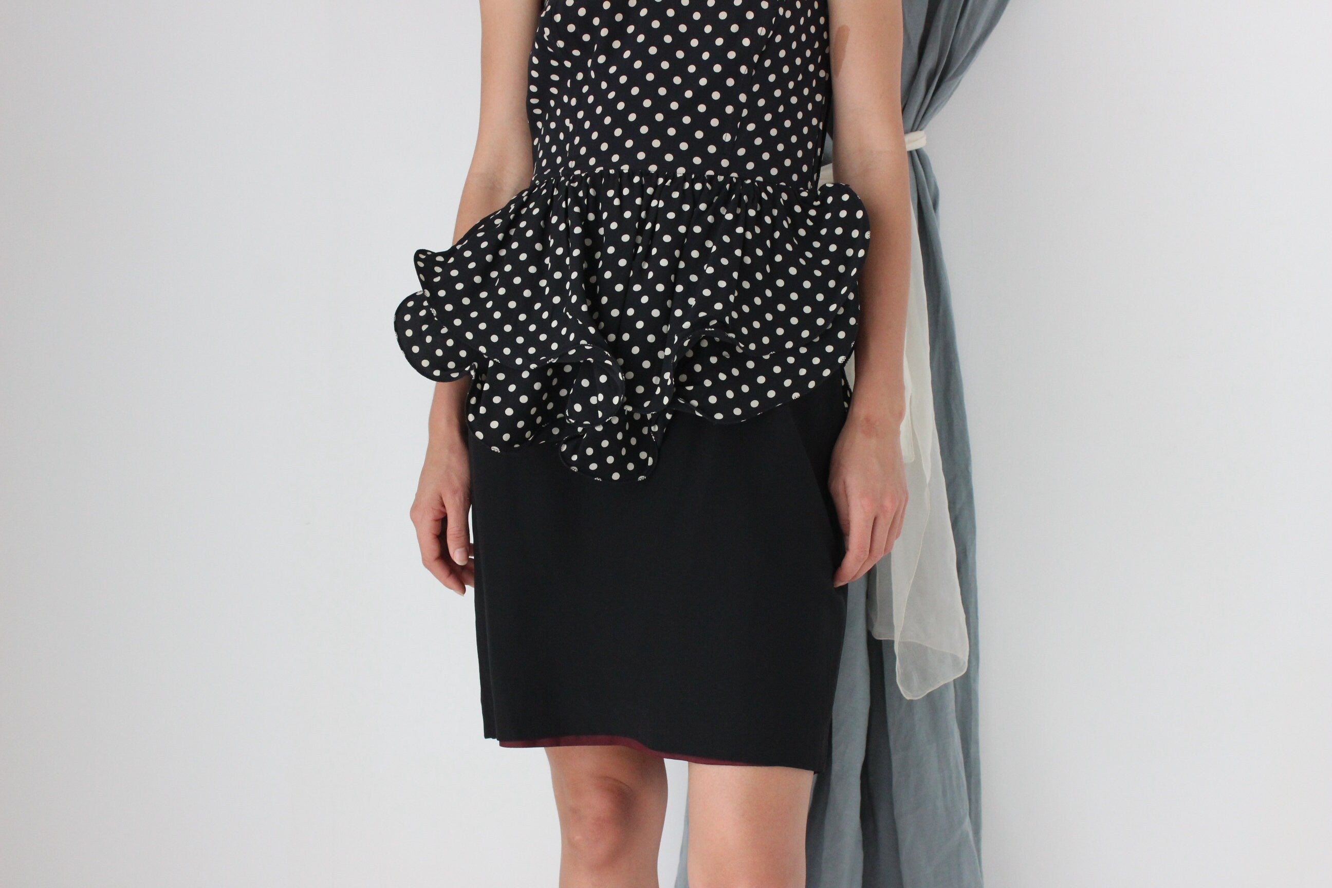 MADE IN ITALY 80s Polka Dot Silk Sculptural Peplum Cocktail Dress