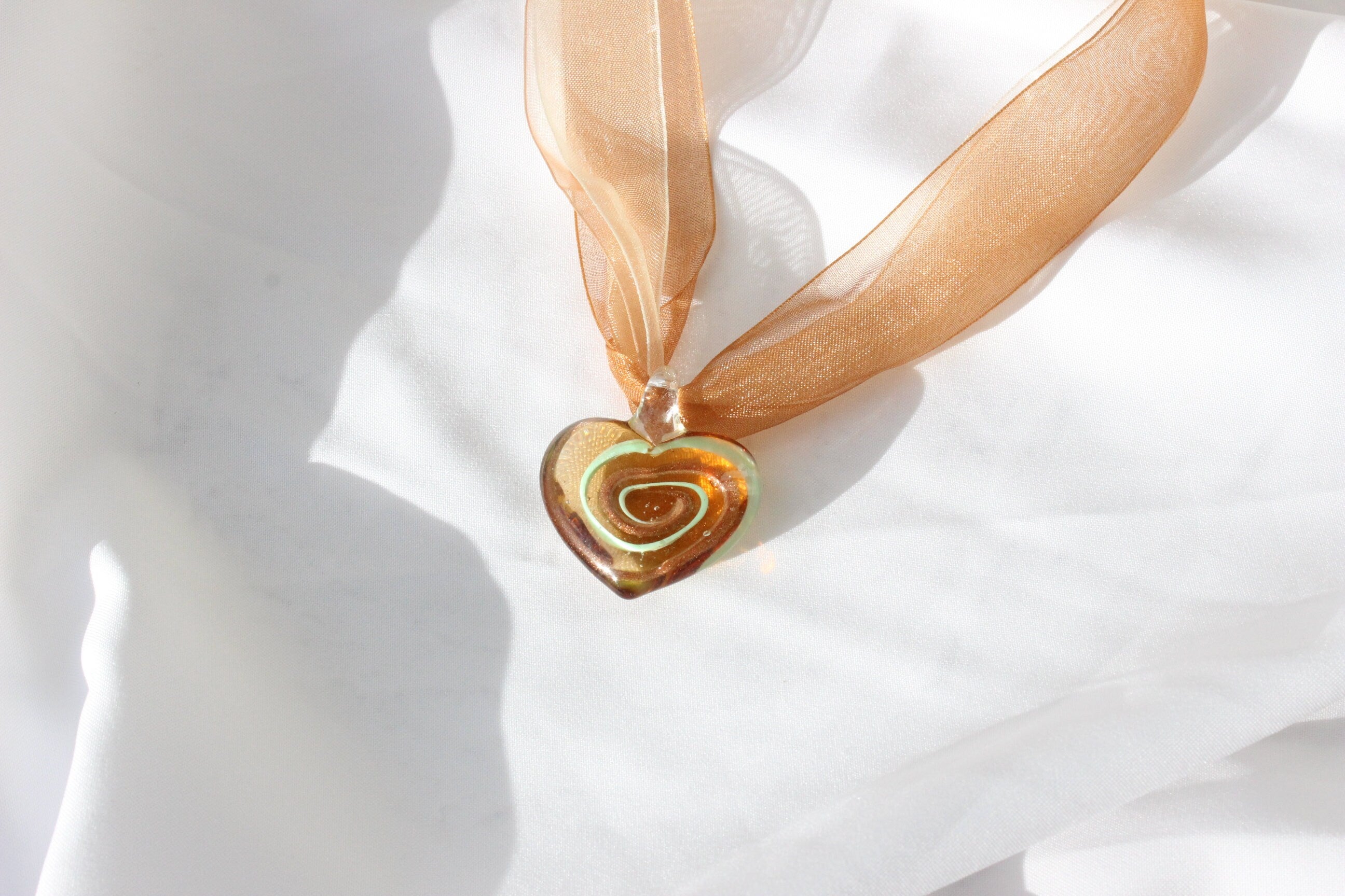 MADE IN ITALY Glass Heart Pendant Ribbon Necklace