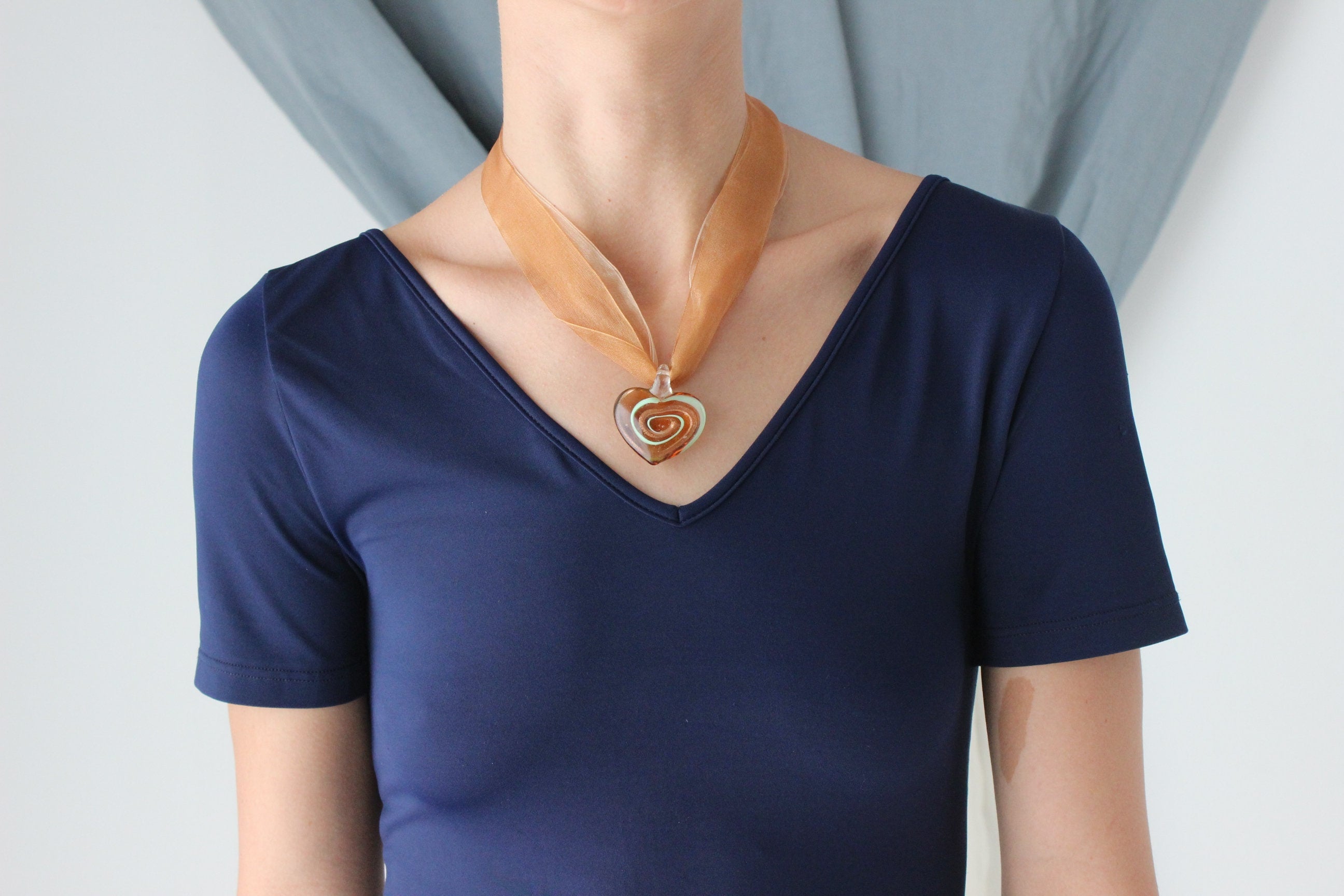 MADE IN ITALY Glass Heart Pendant Ribbon Necklace