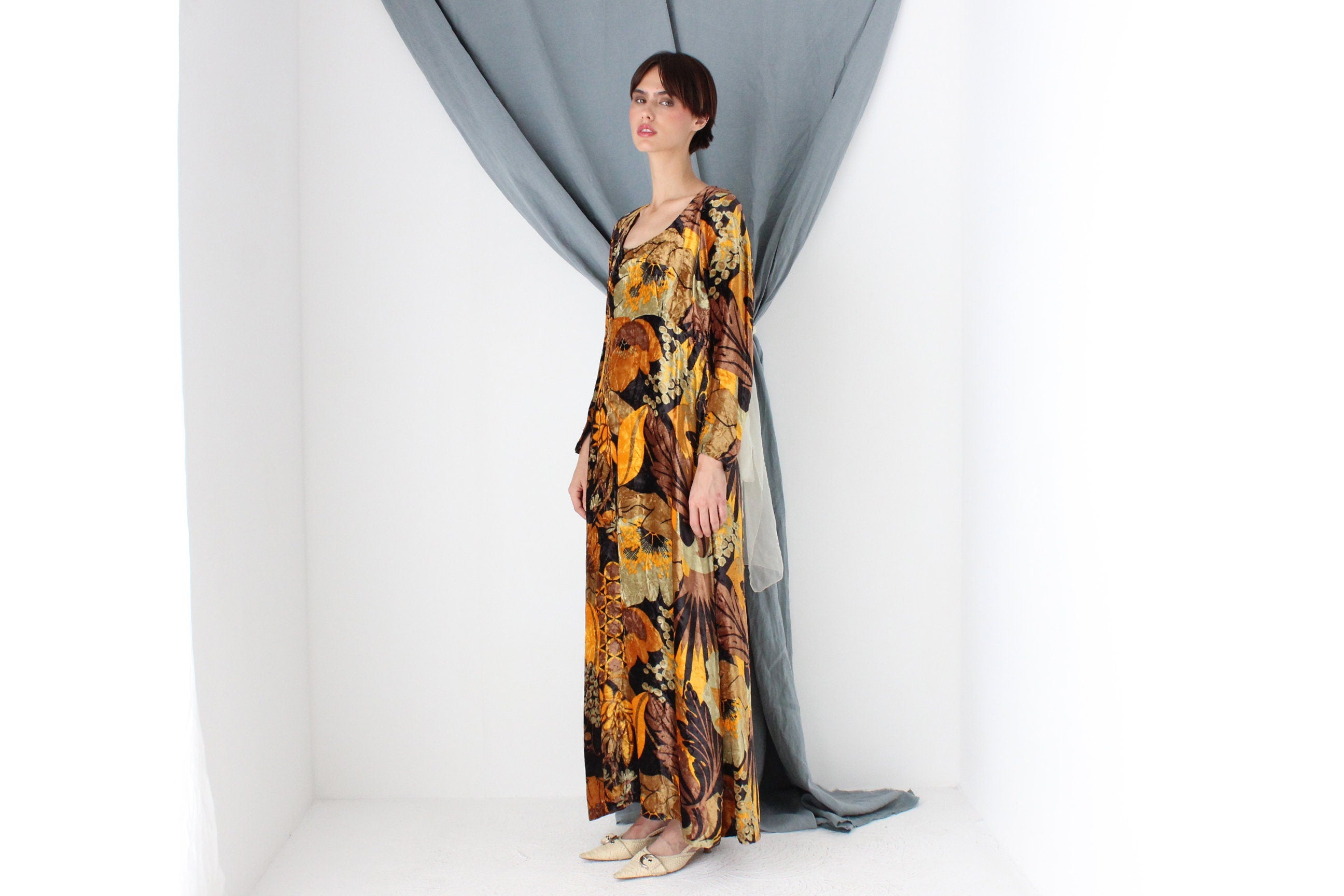 MADE IN ITALY One of a Kind Handmade 1970s Floral Rayon Velvet Maxi
