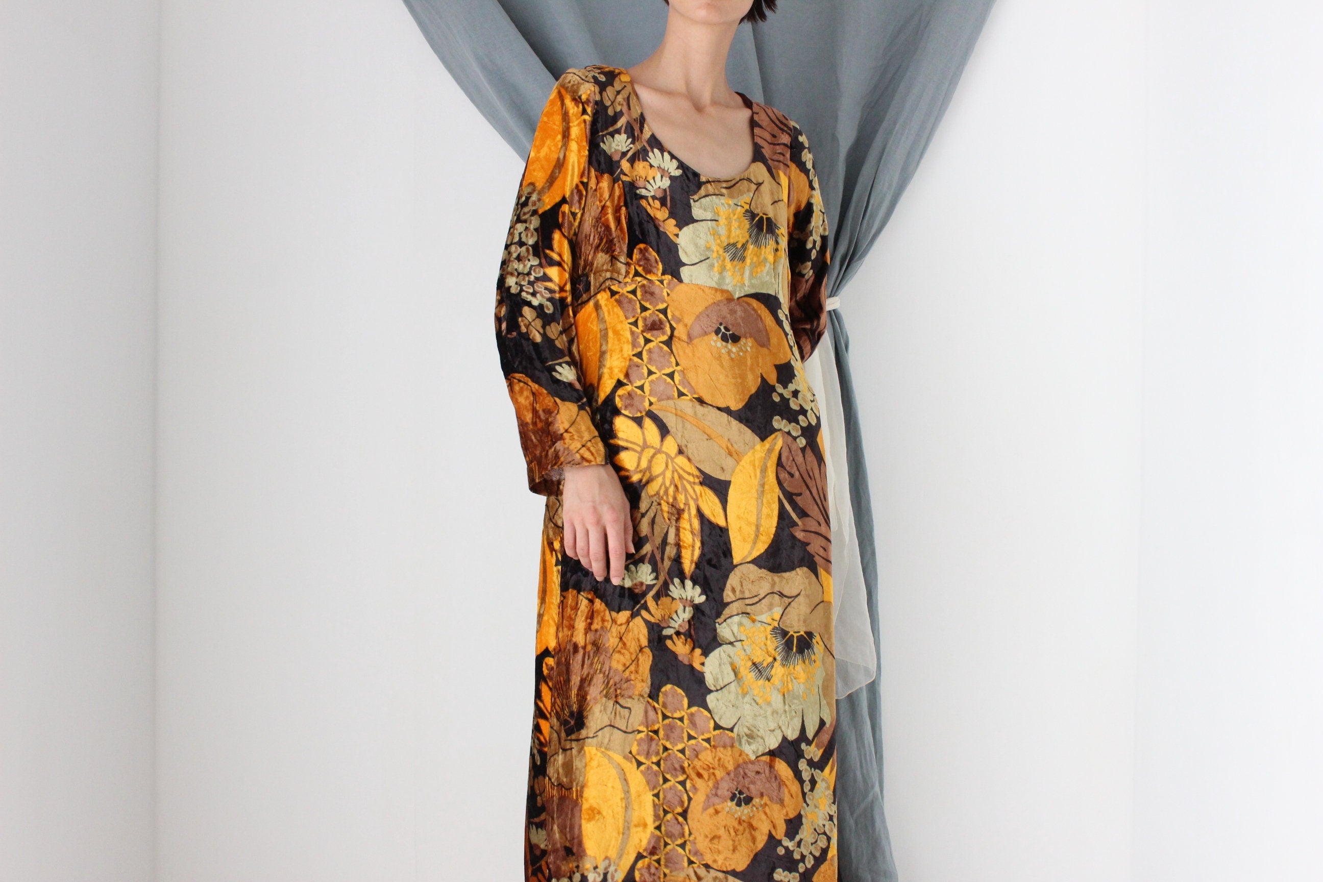 MADE IN ITALY One of a Kind Handmade 1970s Floral Rayon Velvet Maxi