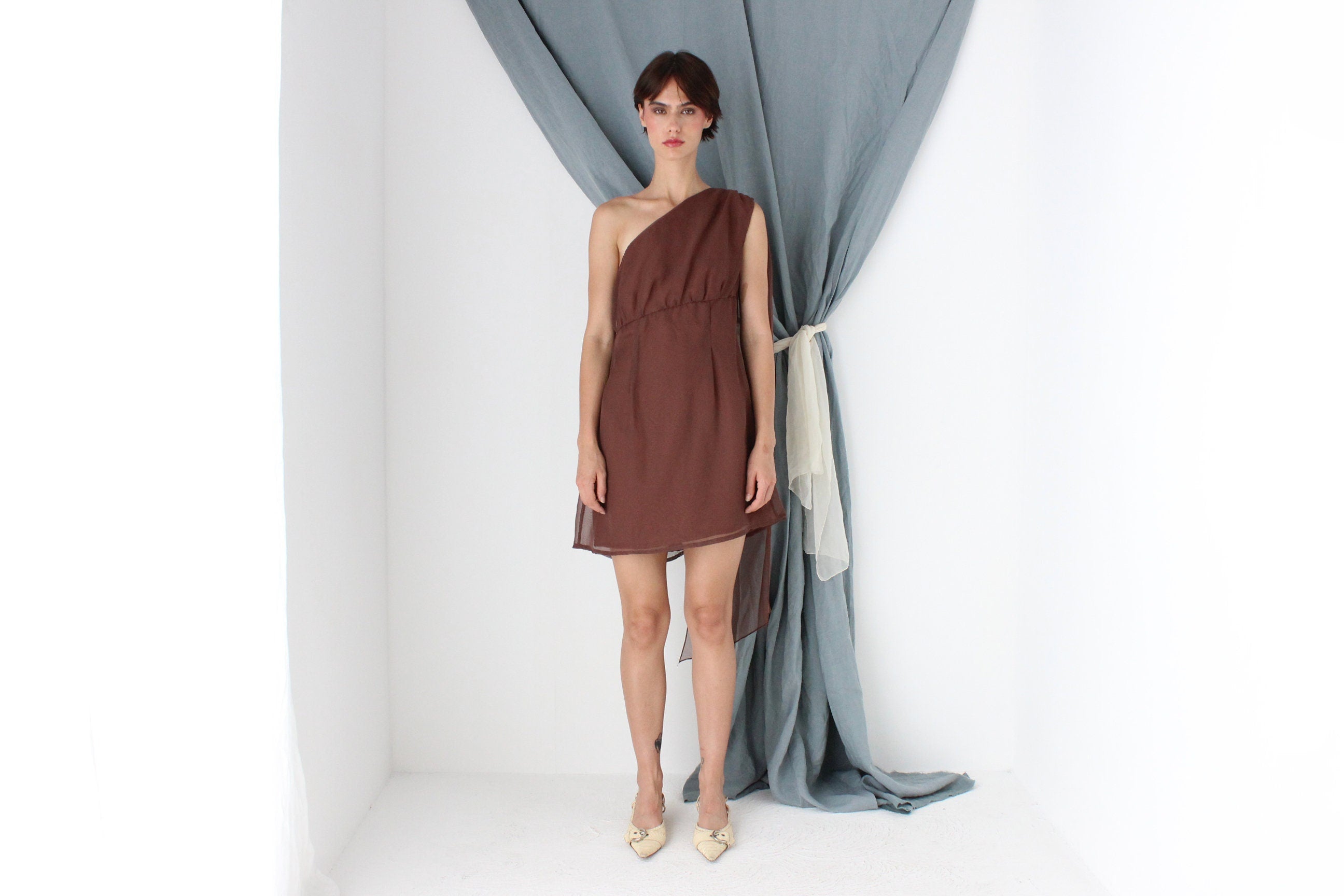 MADE IN ITALY 70s Milk Chocolate One Shoulder Cocktail Dress w/ Organza Cape Detail
